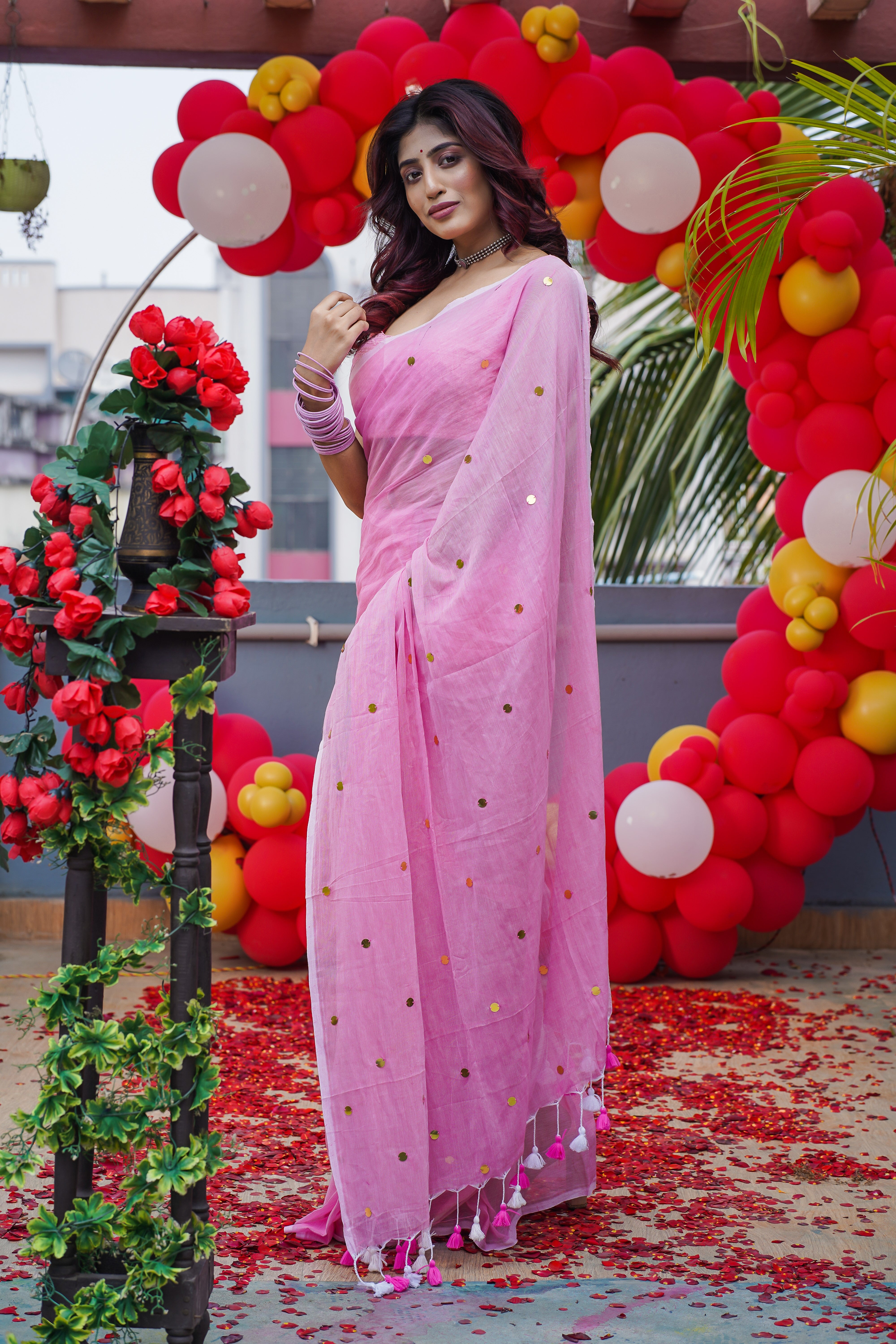 Pink Mulmul Cotton Ginni Work Saree