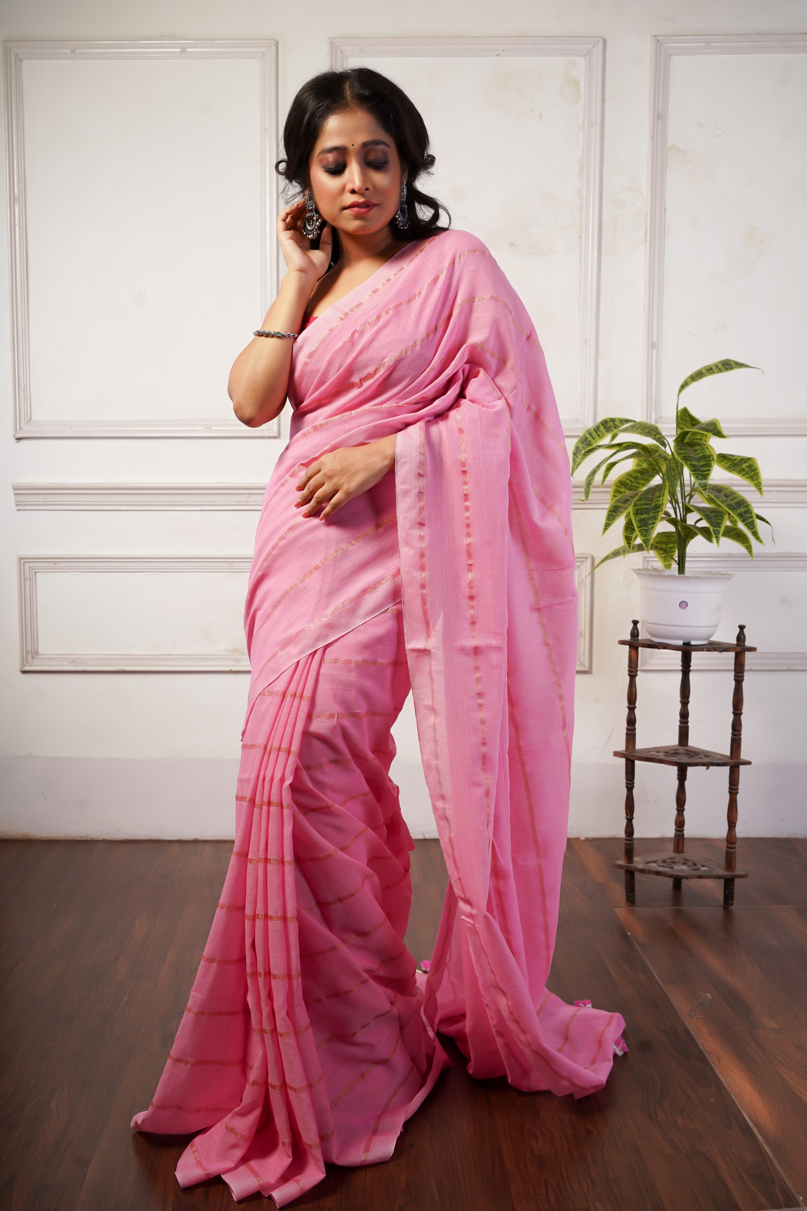 Pink pure khadi cotton striped saree