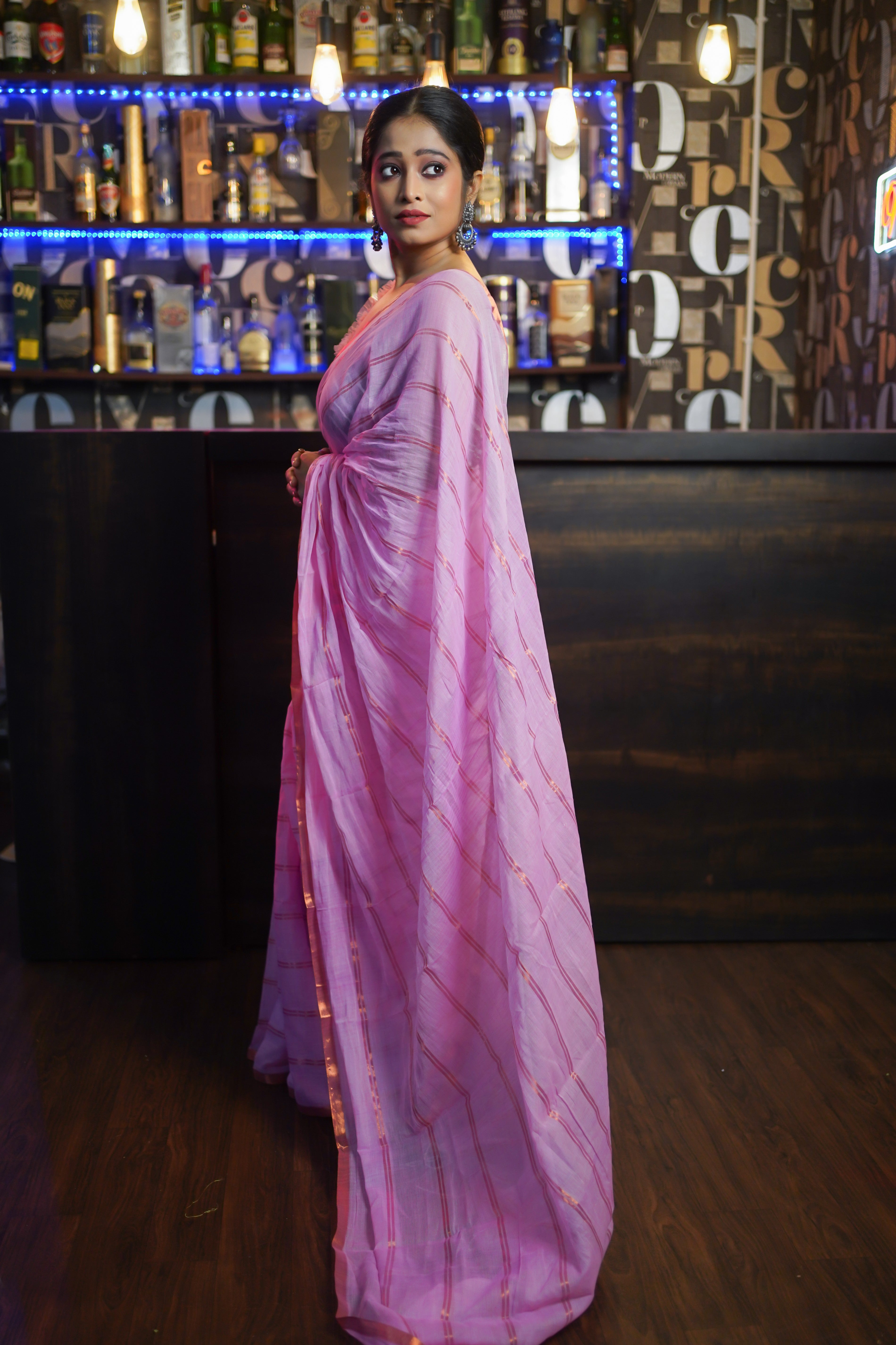 Pink striped mulmul cotton saree