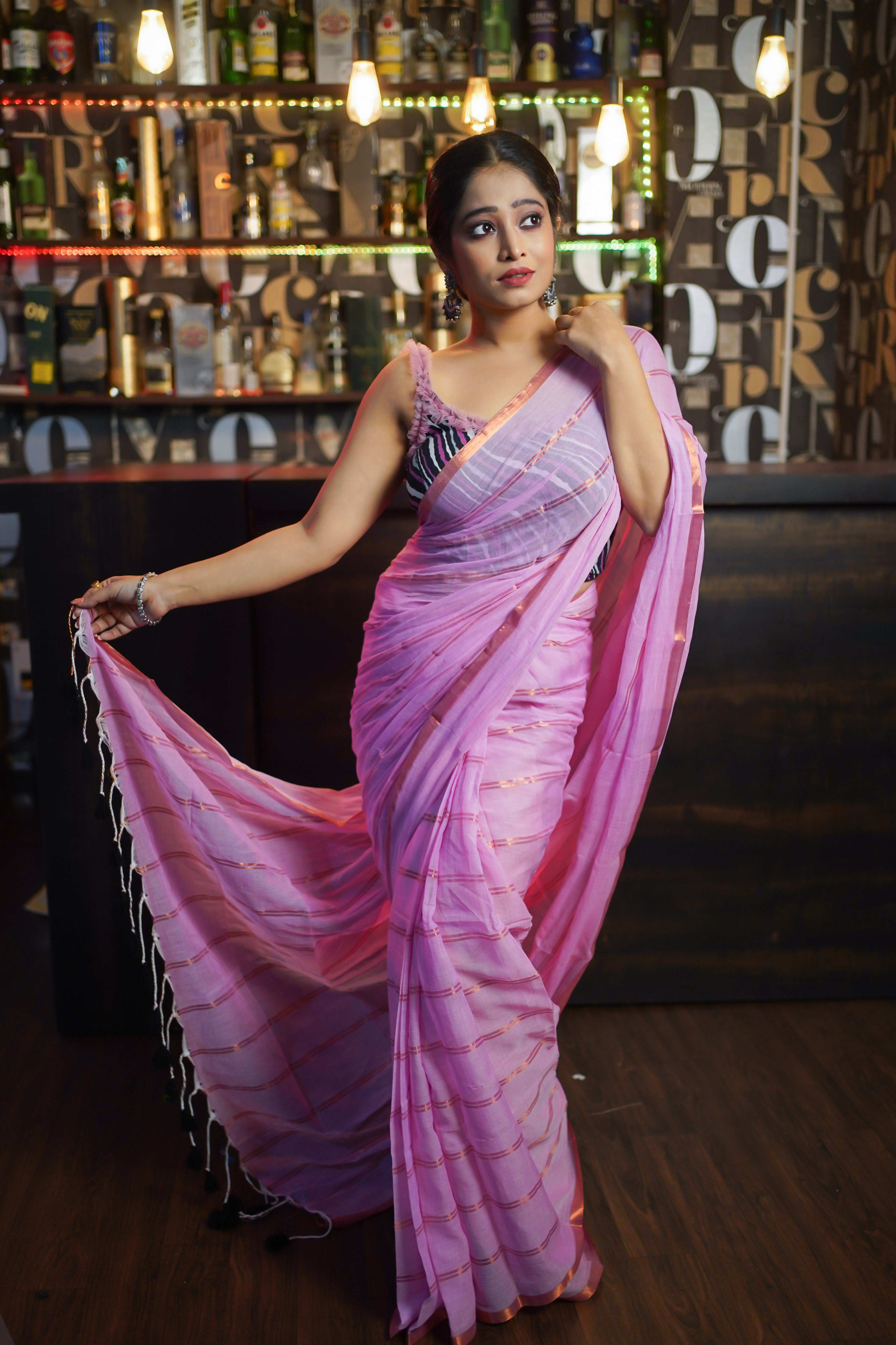 Pink striped mulmul cotton saree