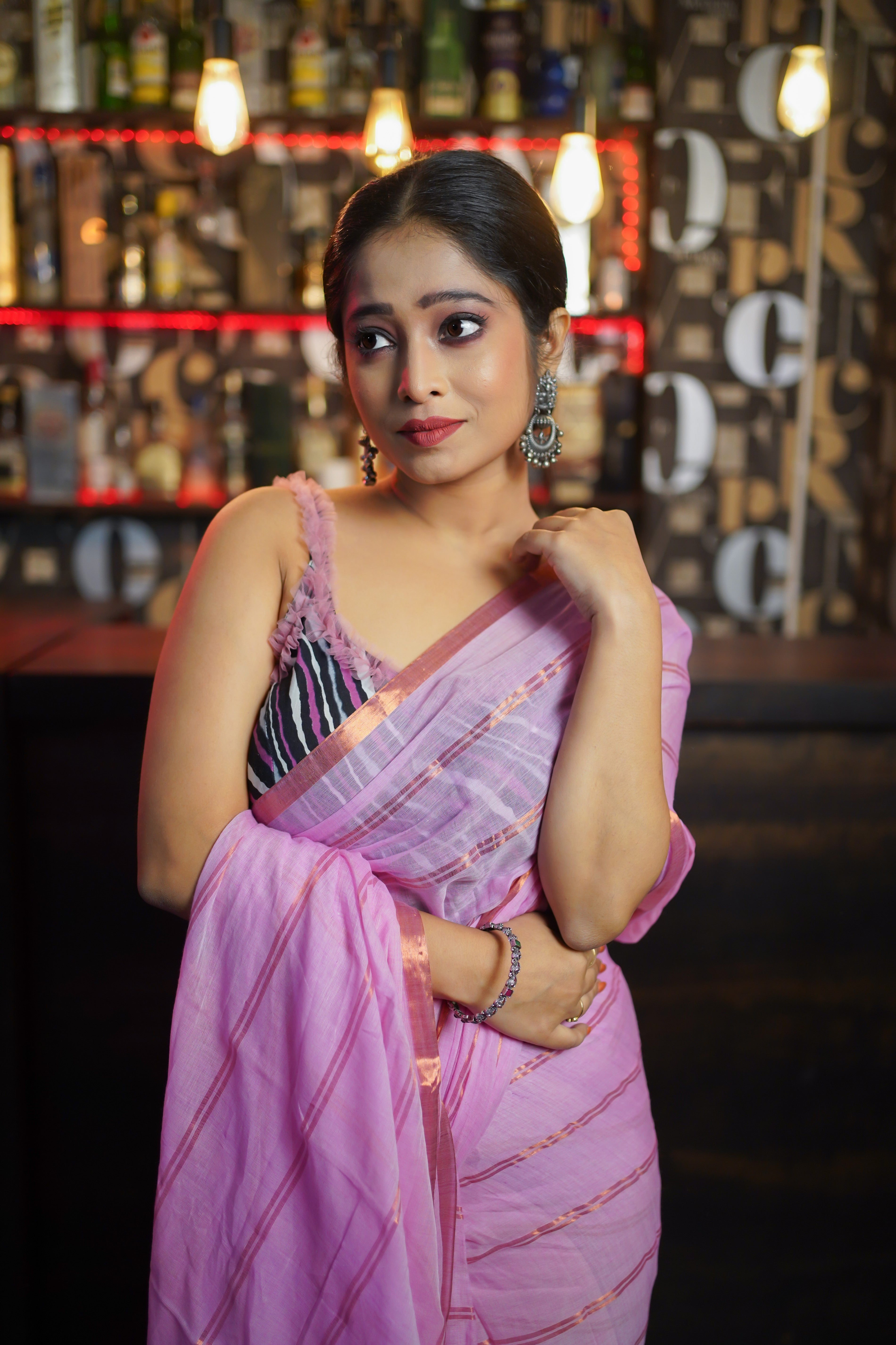 Pink striped mulmul cotton saree