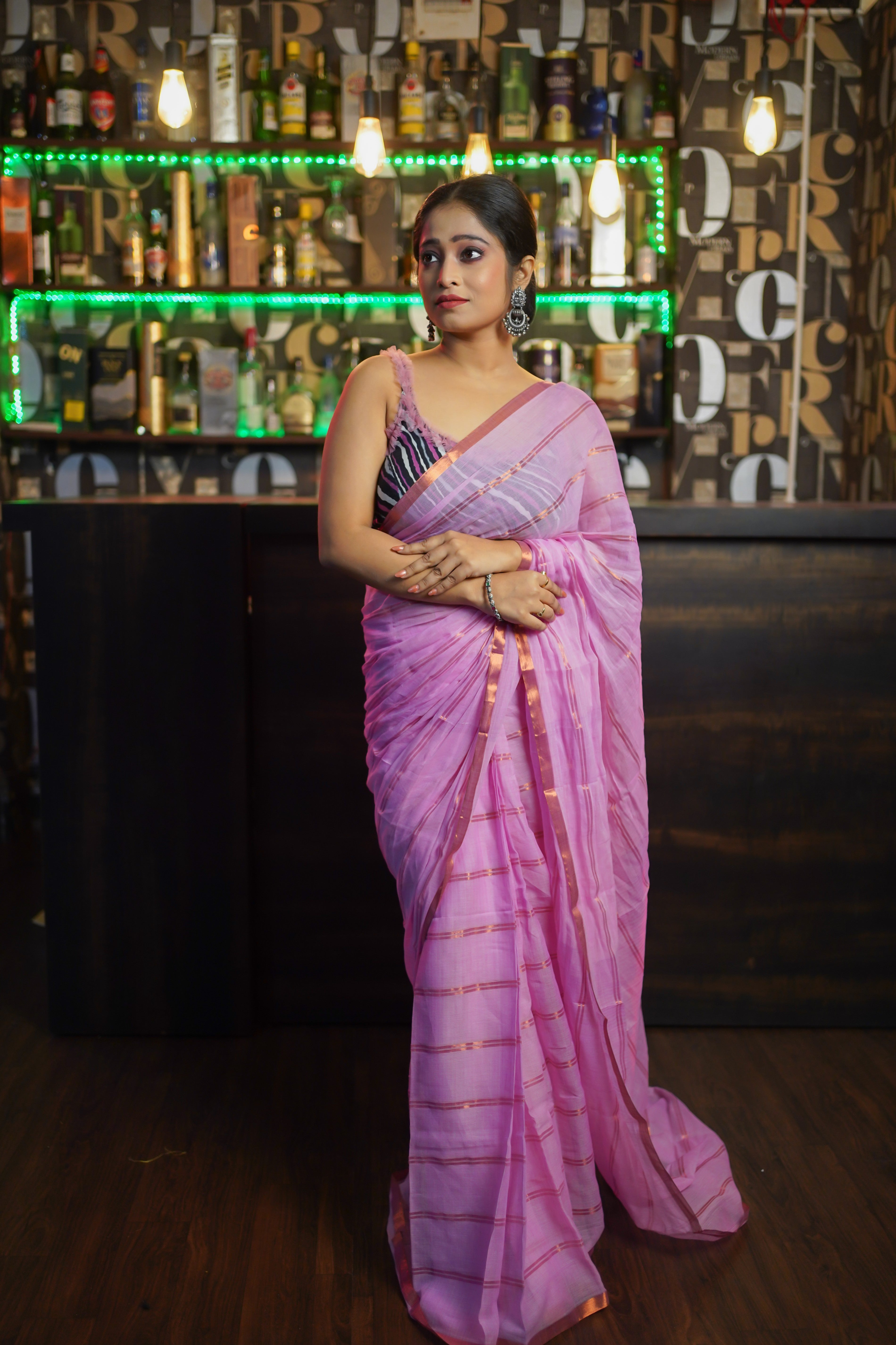 Pink striped mulmul cotton saree