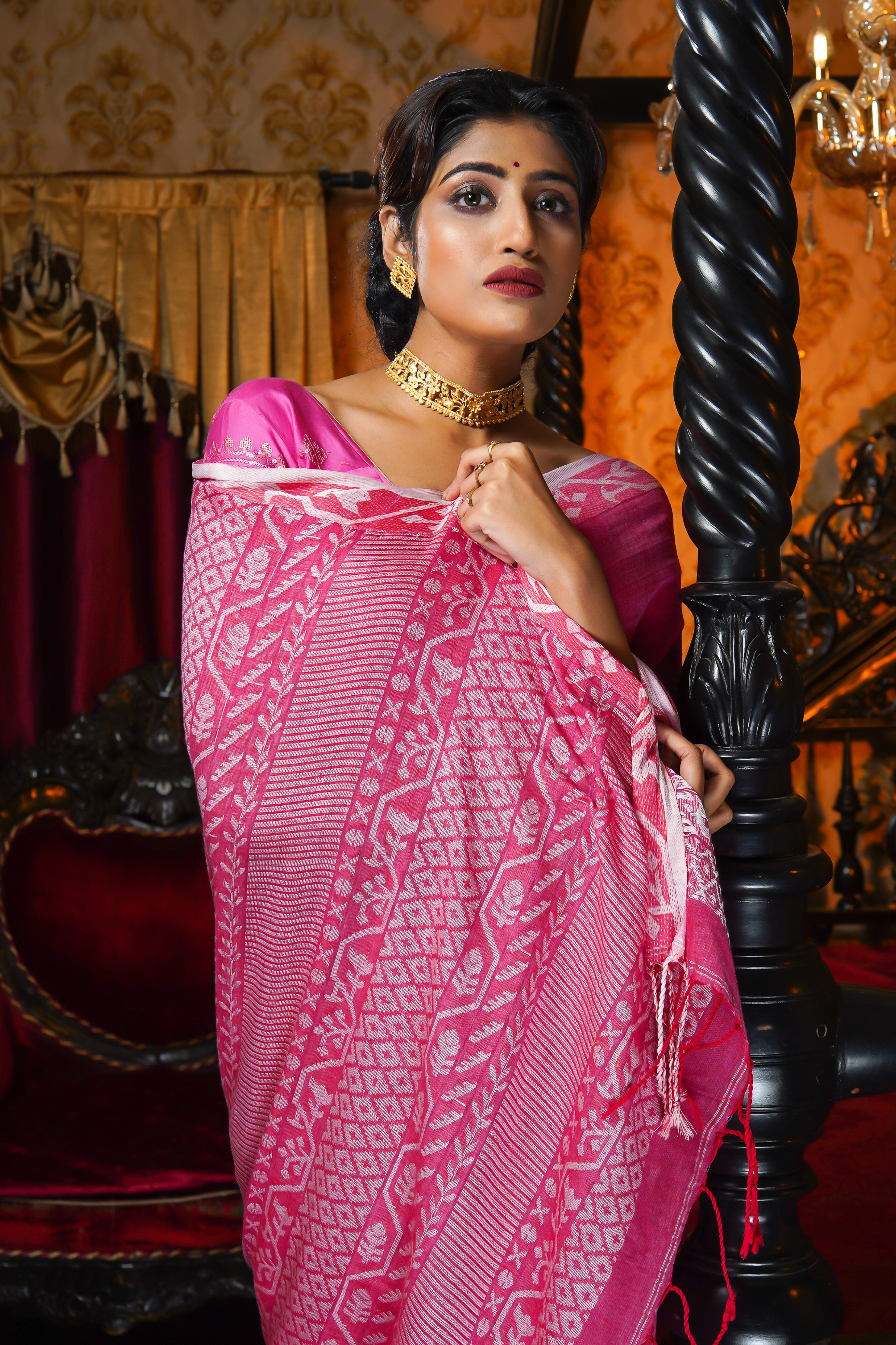 Punch Pink Mashrise Cotton Hand Weaving Saree