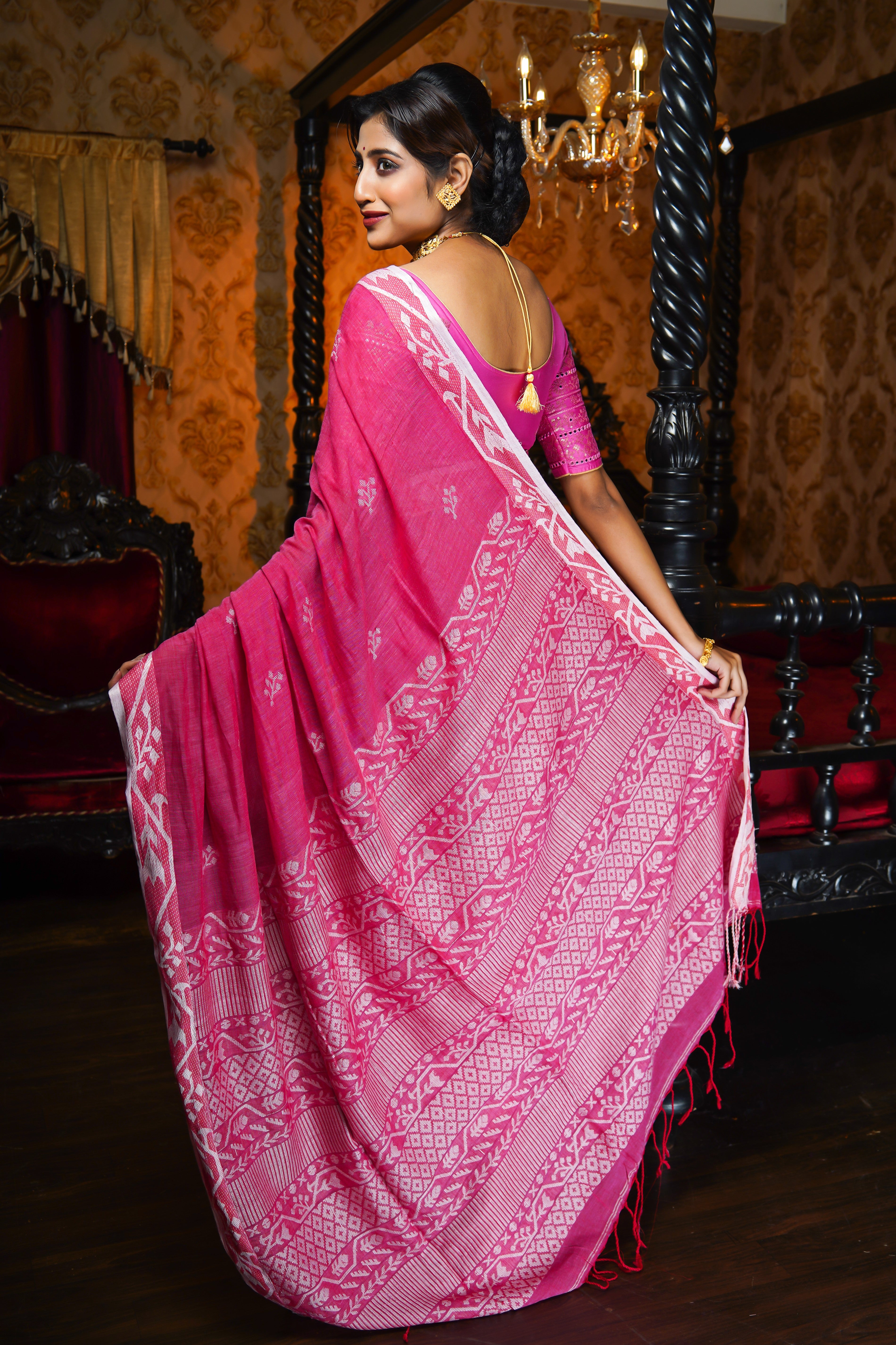 Punch Pink Mashrise Cotton Hand Weaving Saree