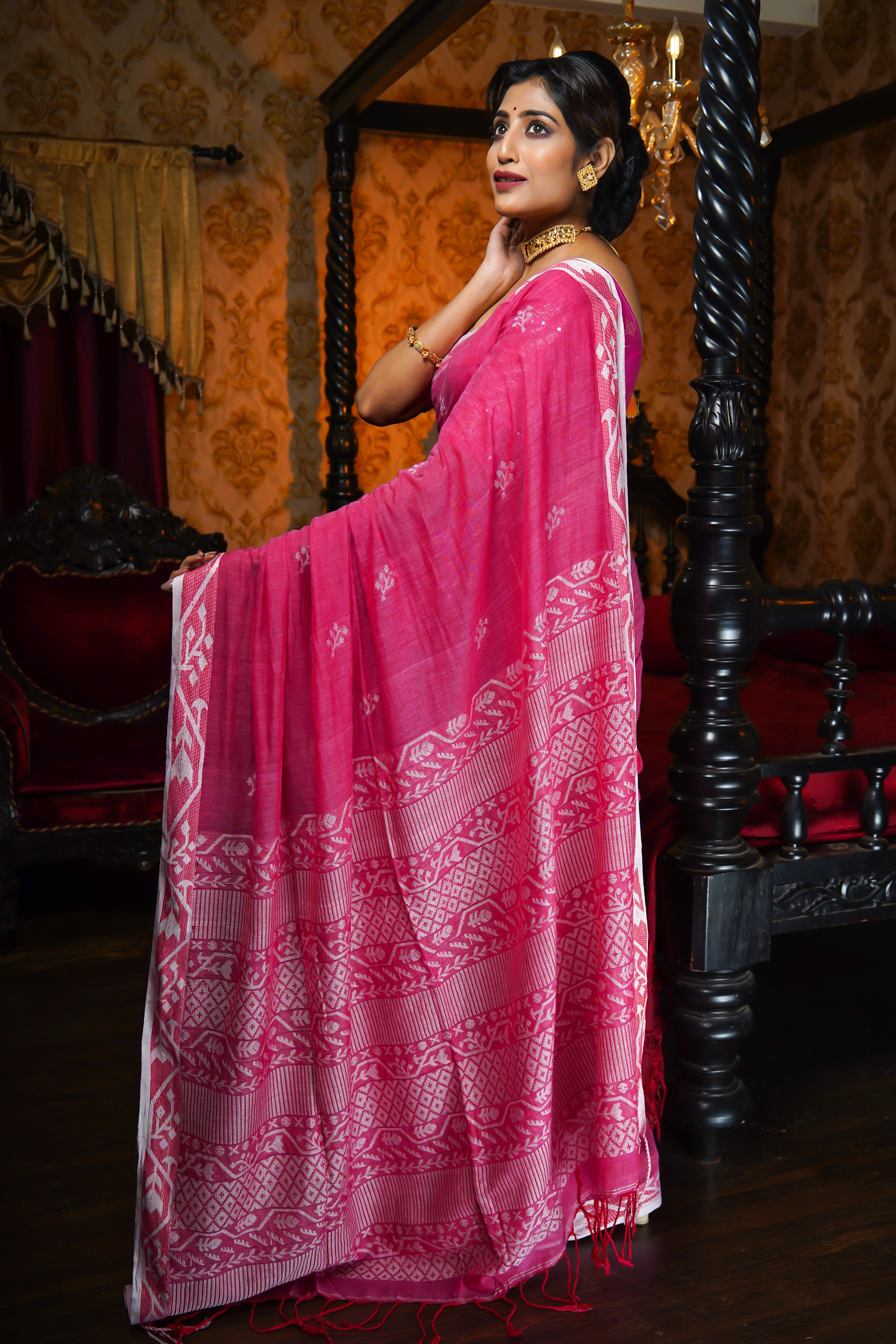 Punch Pink Mashrise Cotton Hand Weaving Saree