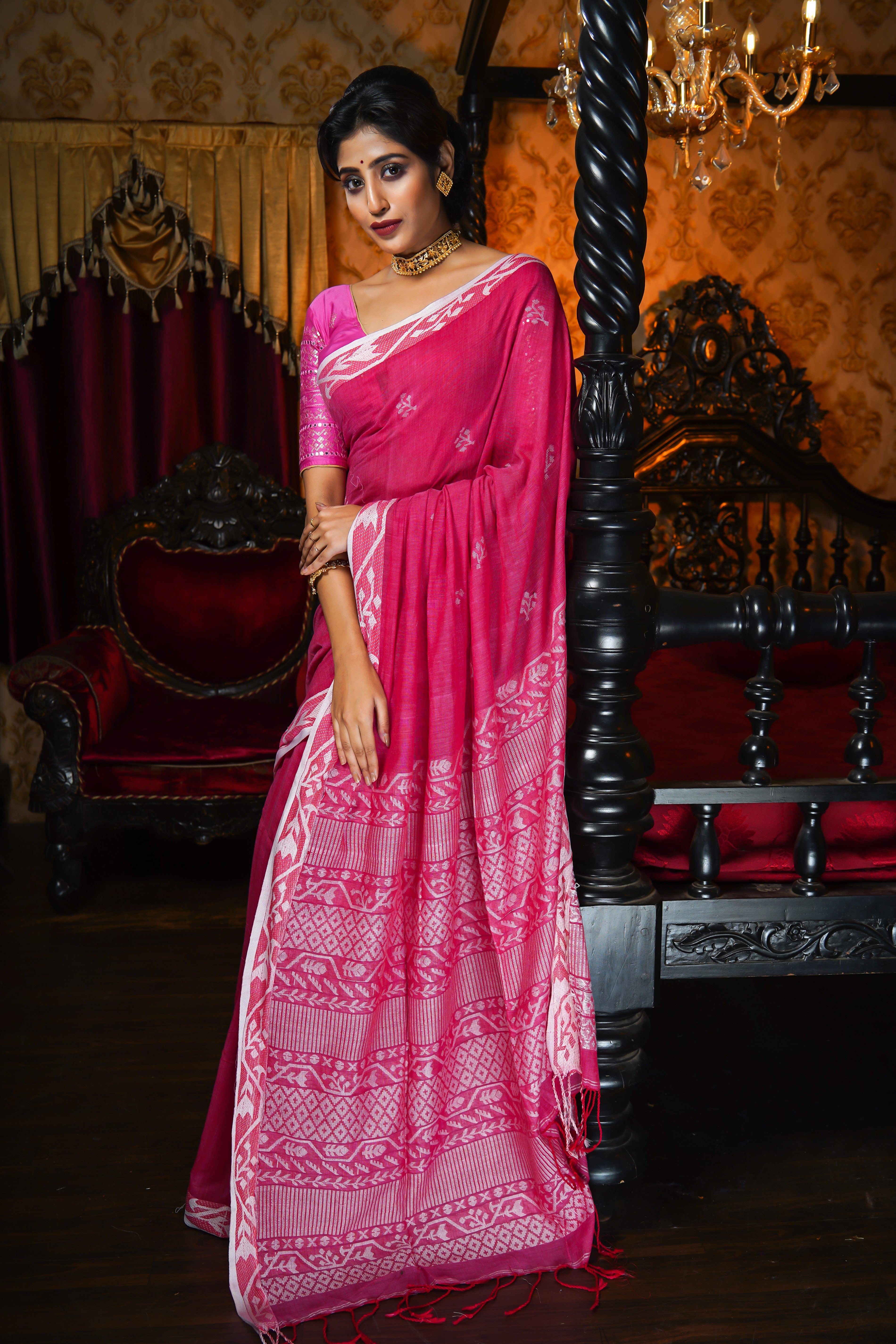 Punch Pink Mashrise Cotton Hand Weaving Saree