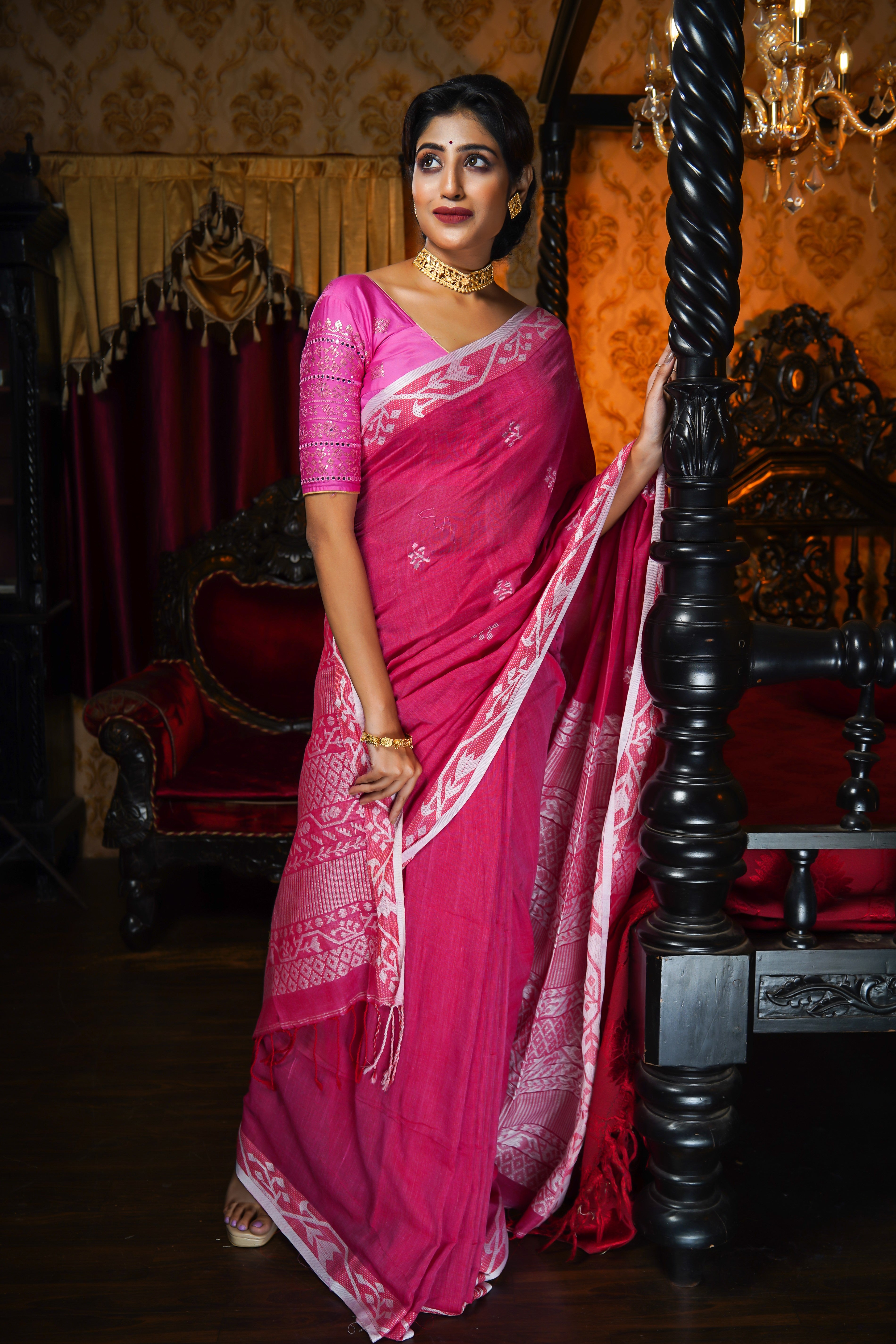 Punch Pink Mashrise Cotton Hand Weaving Saree