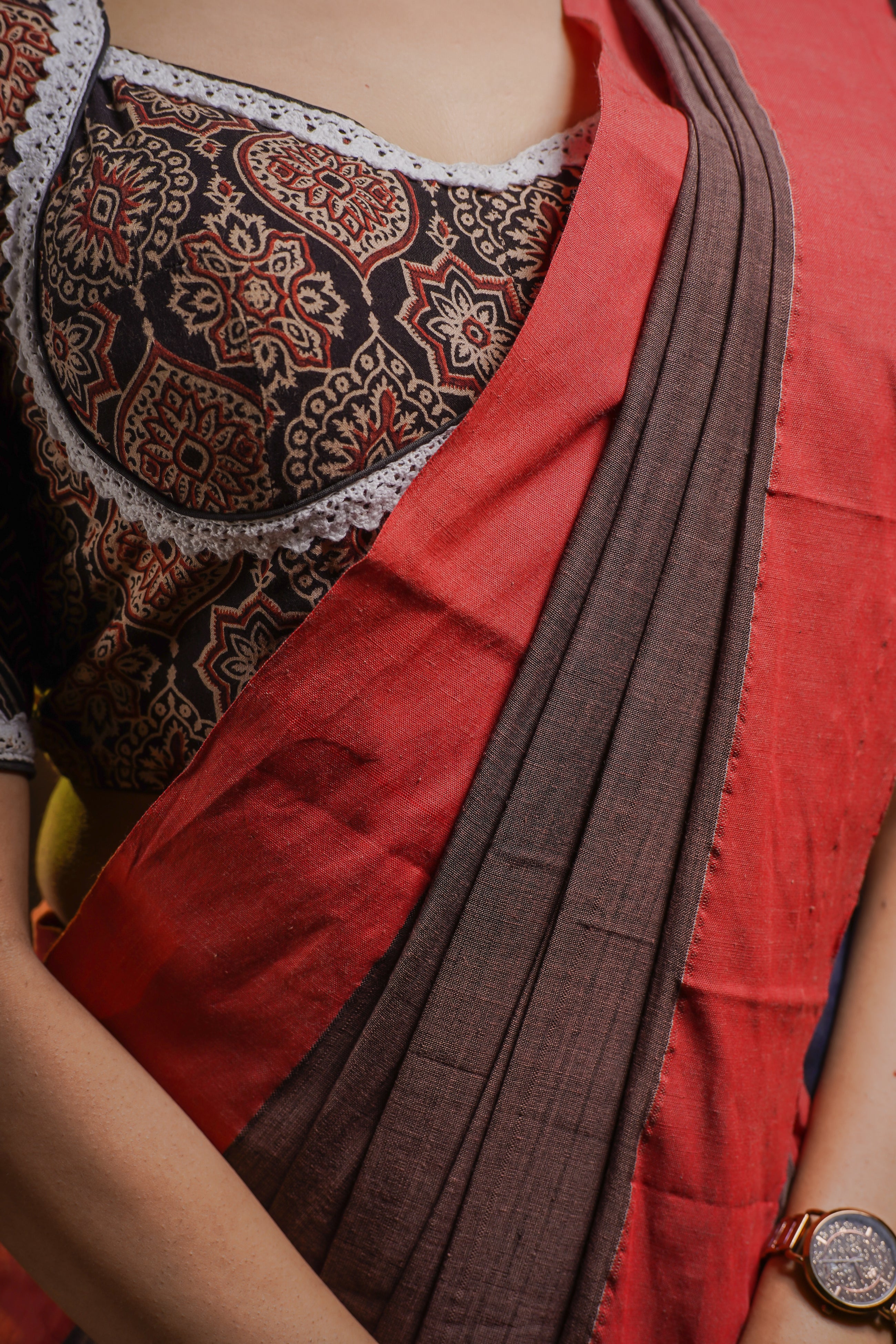 Pure Khadi Cotton Handwoven Saree- Chocolate & Red