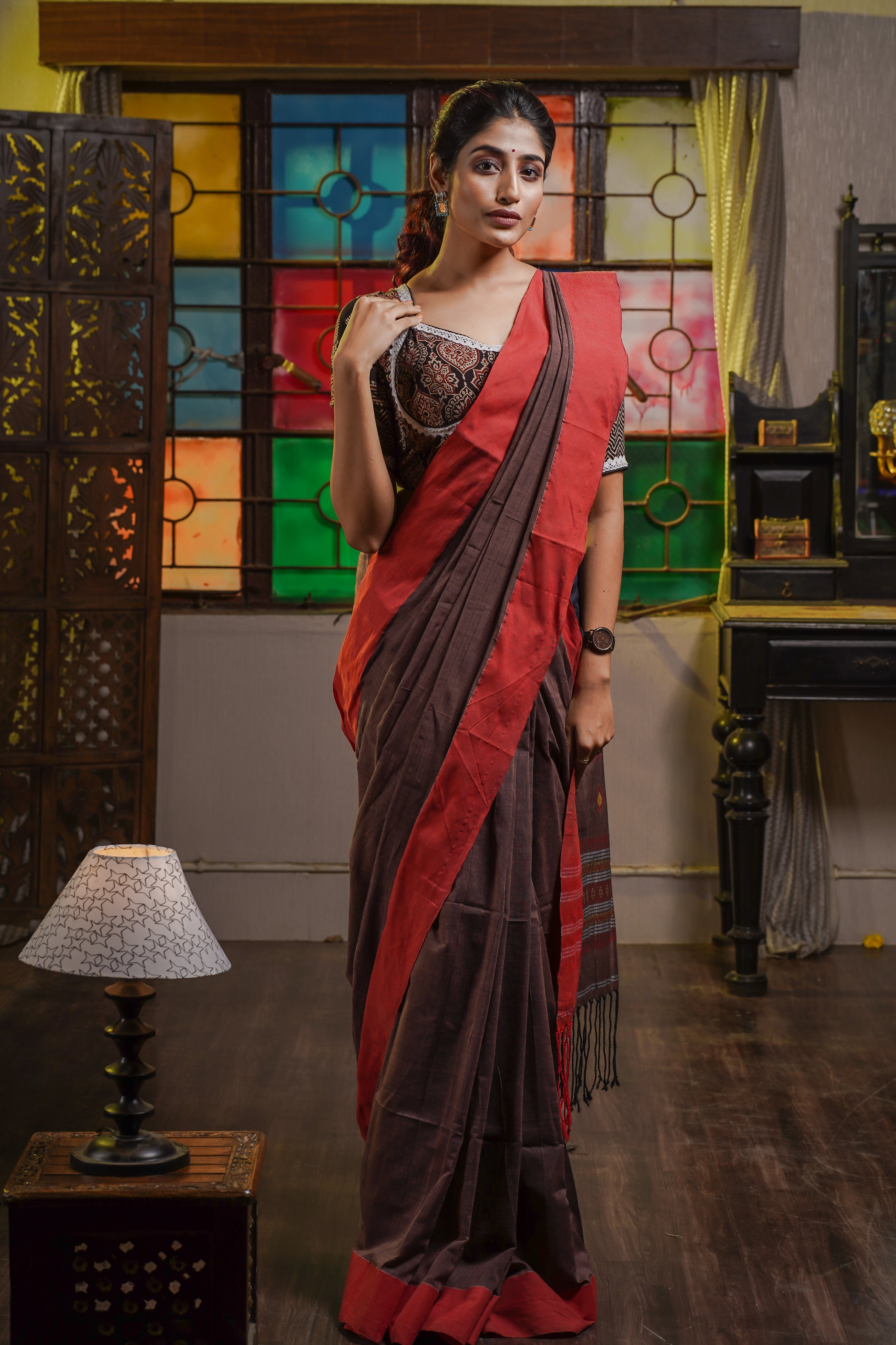 Pure Khadi Cotton Handwoven Saree- Chocolate & Red