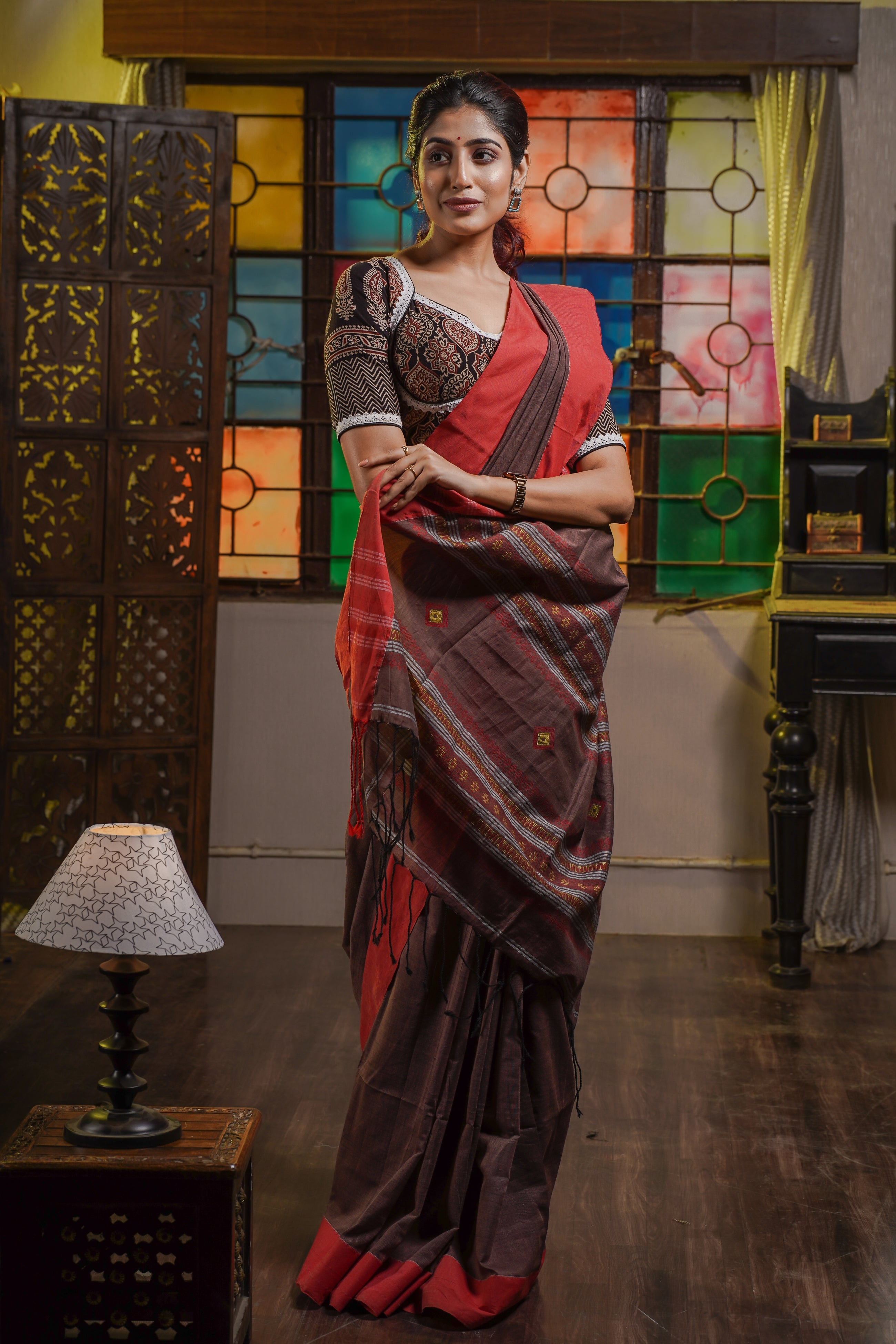 Pure Khadi Cotton Handwoven Saree- Chocolate & Red