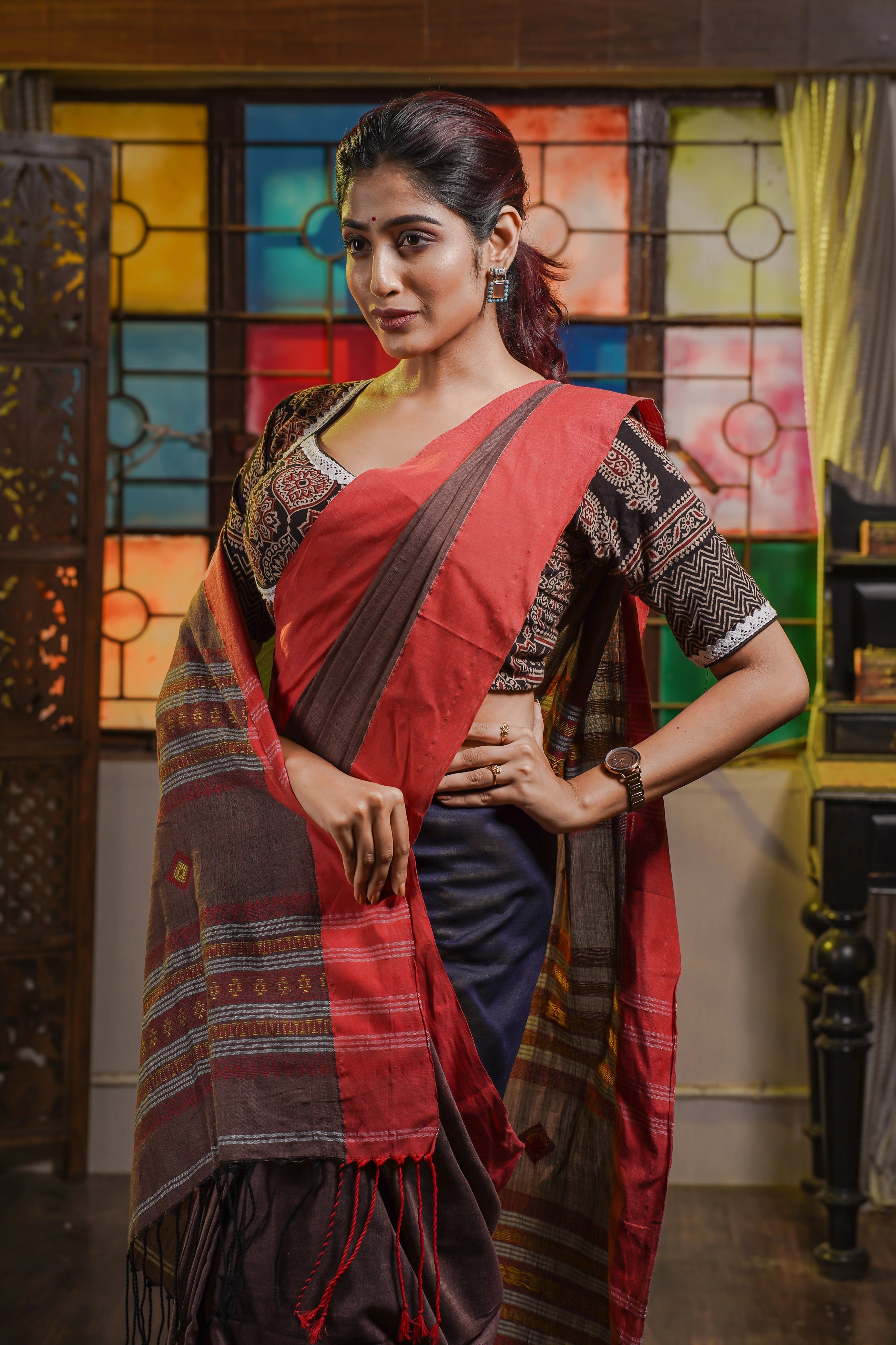 Pure Khadi Cotton Handwoven Saree- Chocolate & Red