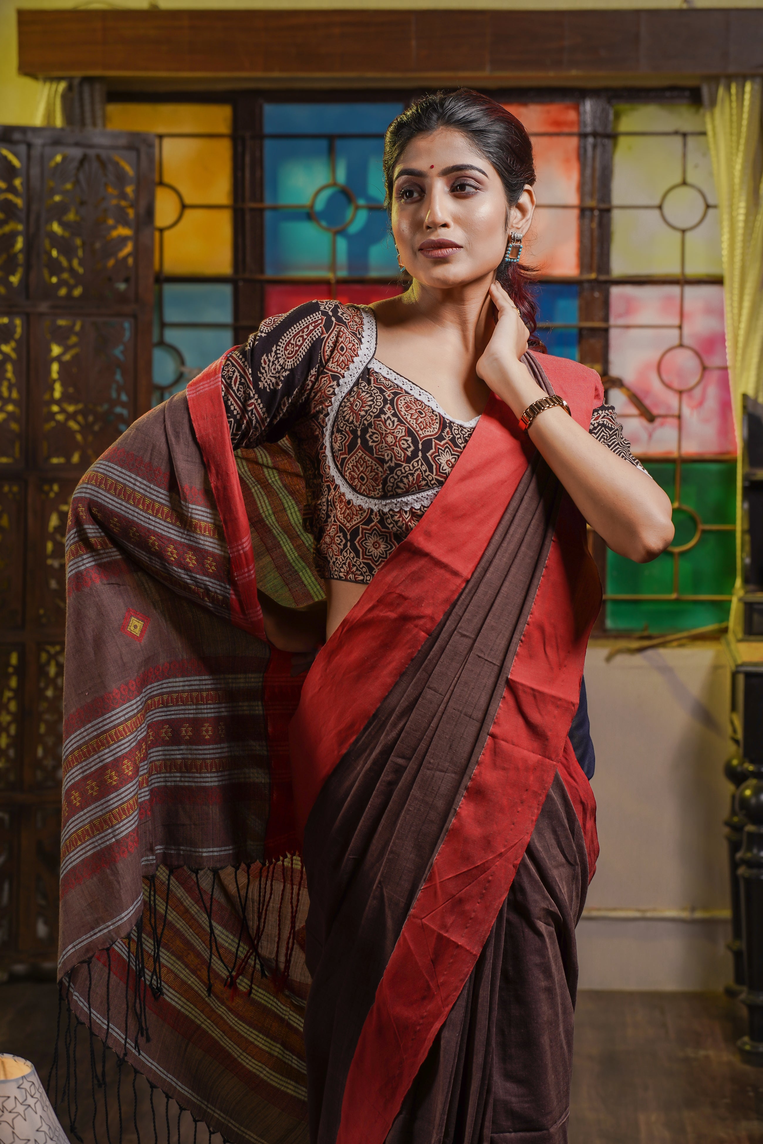 Pure Khadi Cotton Handwoven Saree- Chocolate & Red