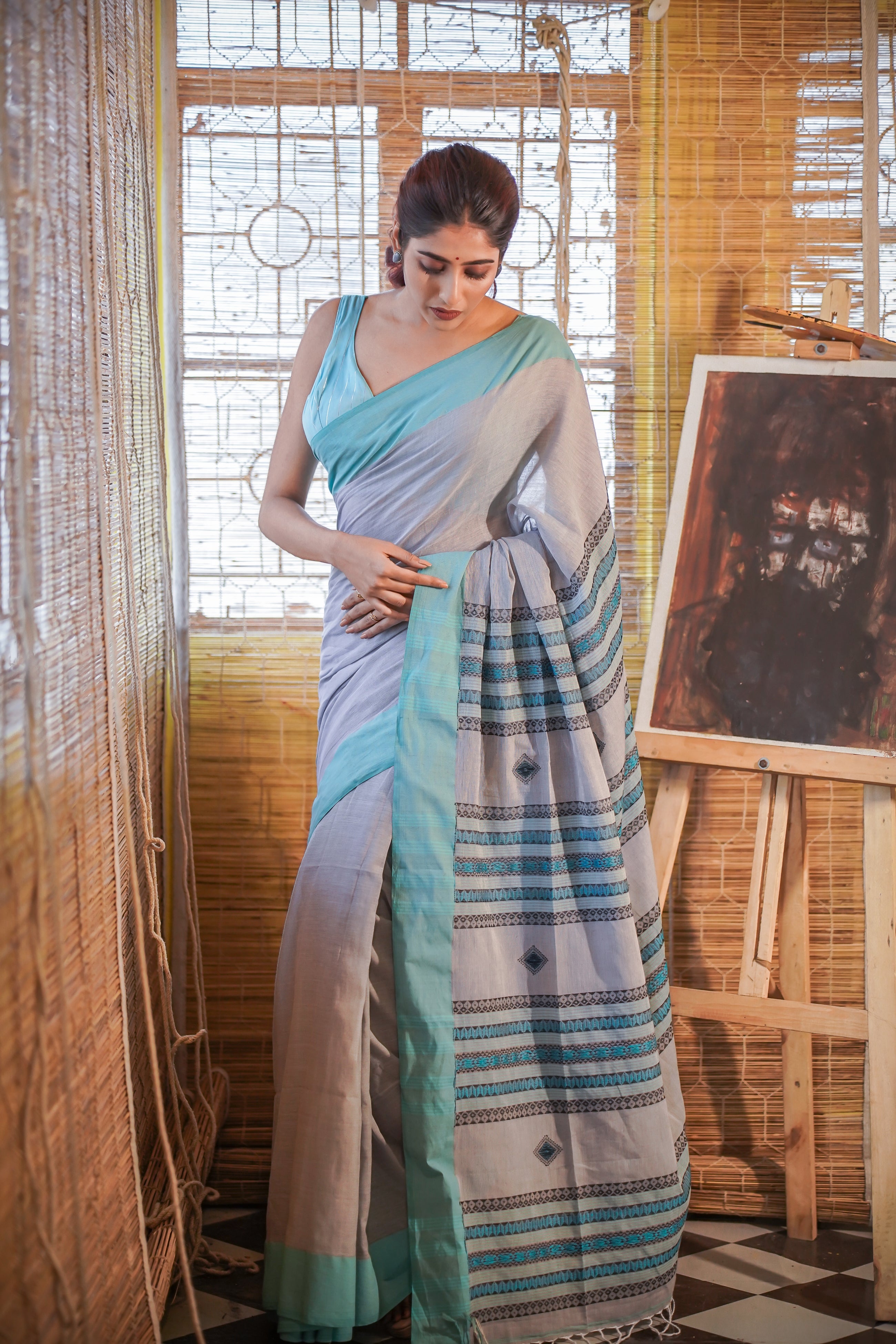 Pure Khadi Cotton Handwoven Saree- Grey Sky Blue