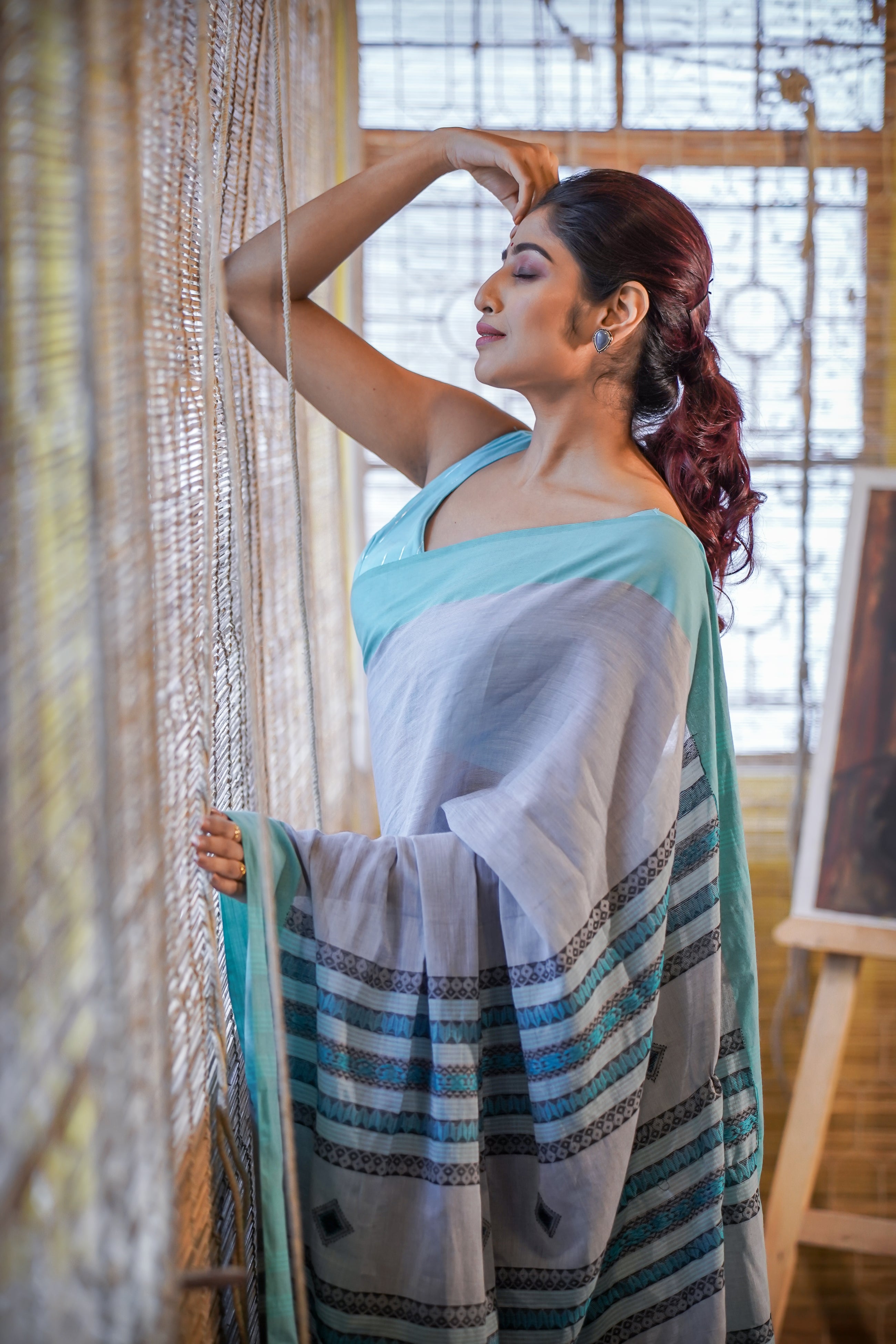 Pure Khadi Cotton Handwoven Saree- Grey Sky Blue