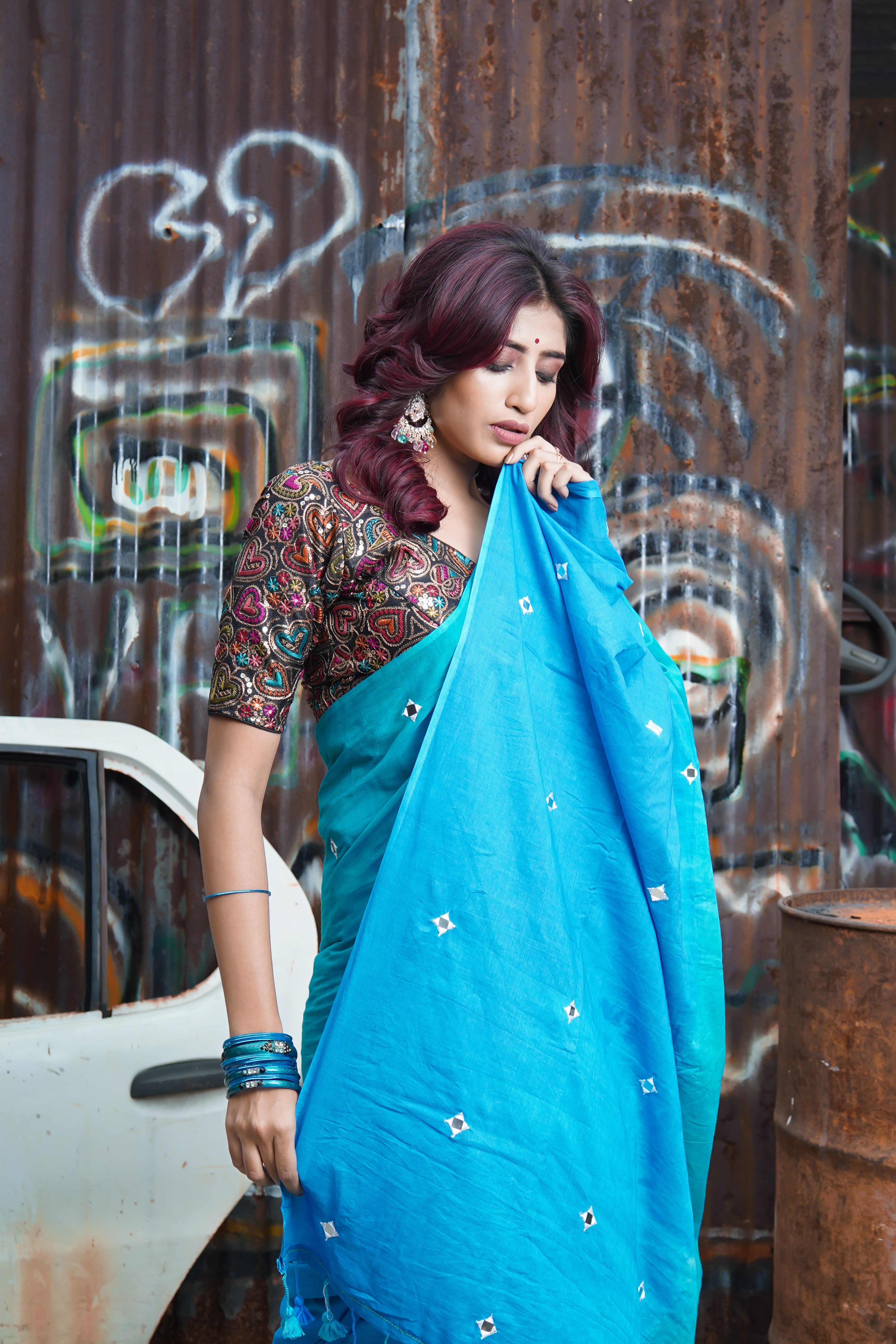 Pure Mul Cotton Mirror Work Saree Sky Blue