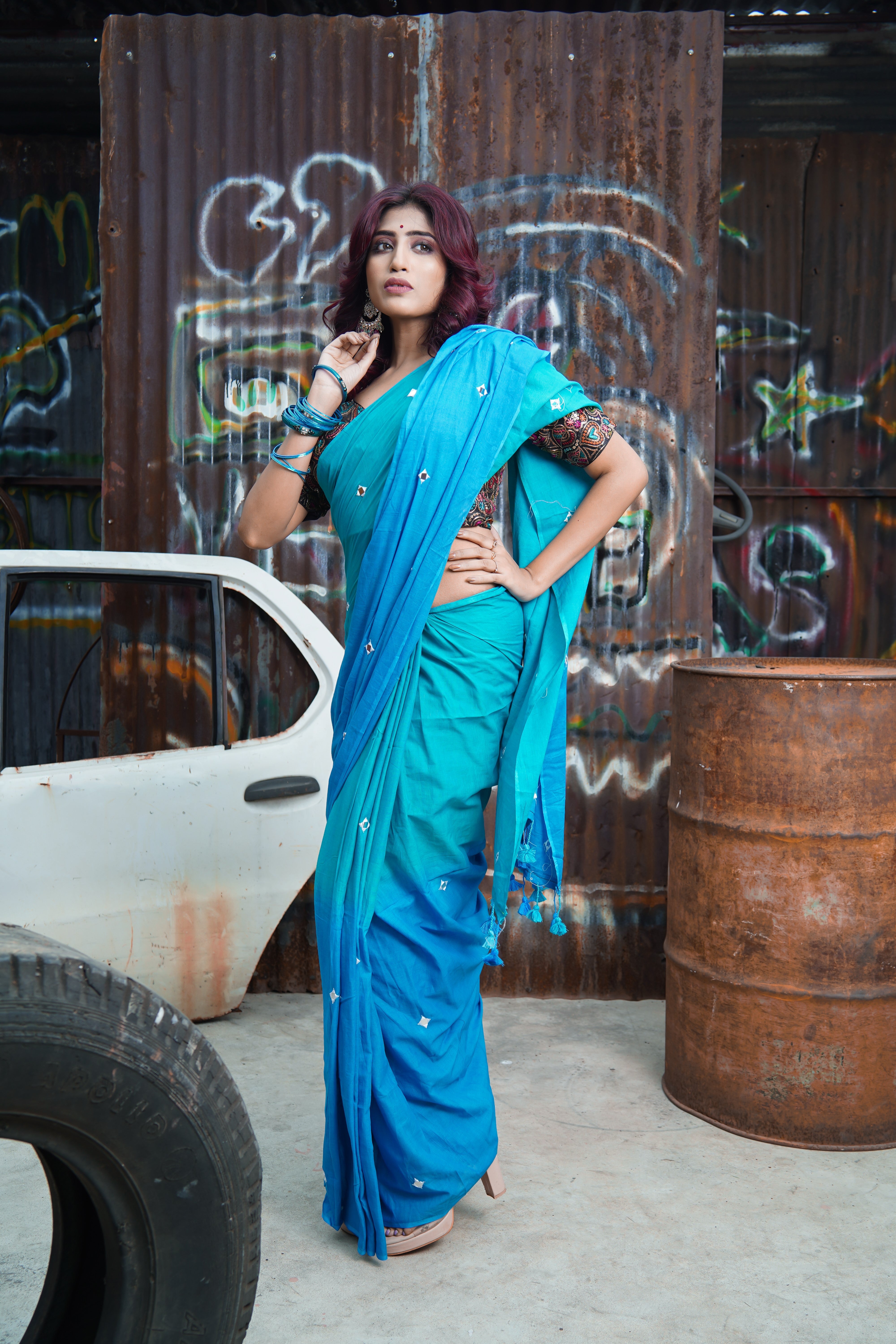 Pure Mul Cotton Mirror Work Saree Sky Blue