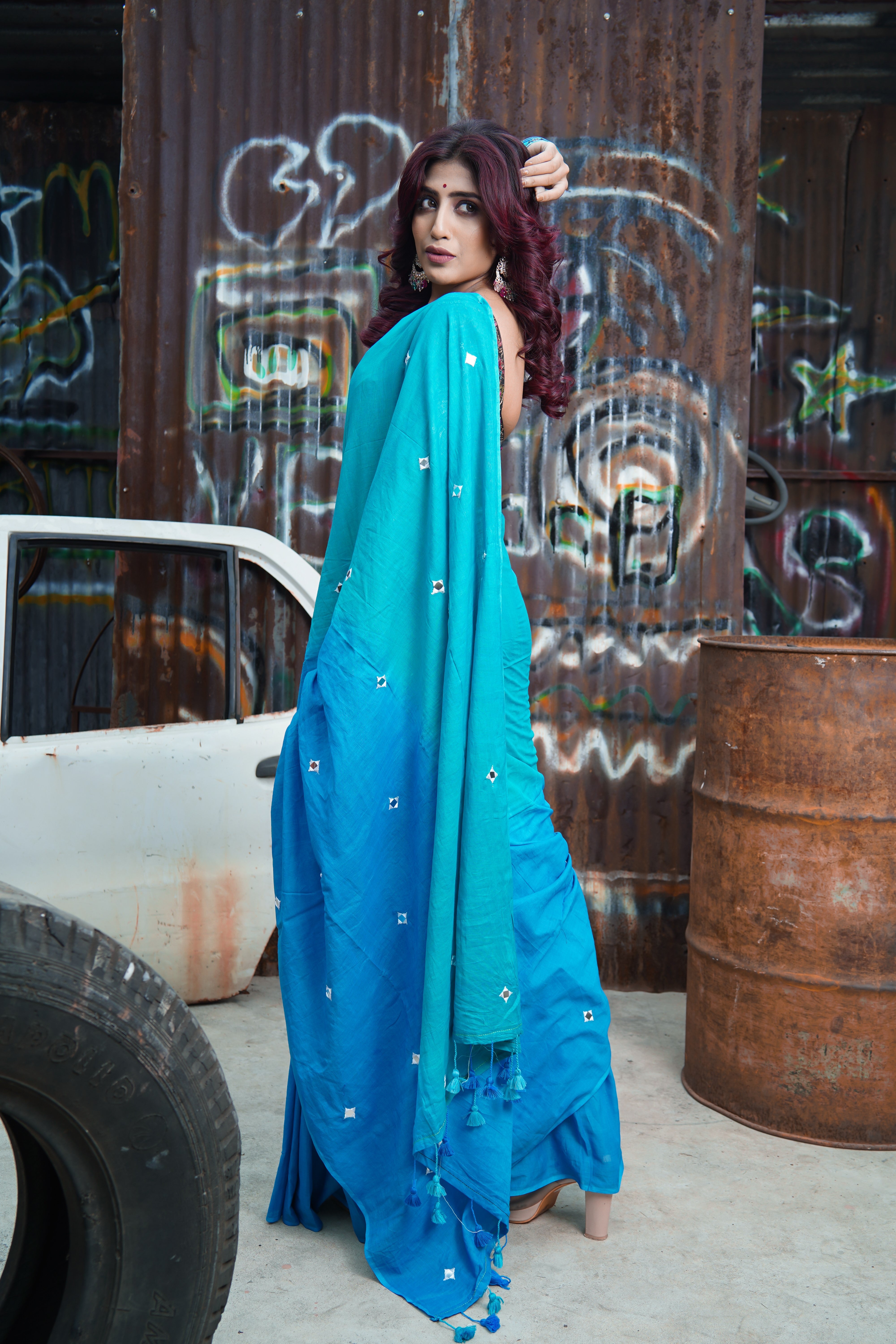 Pure Mul Cotton Mirror Work Saree Sky Blue