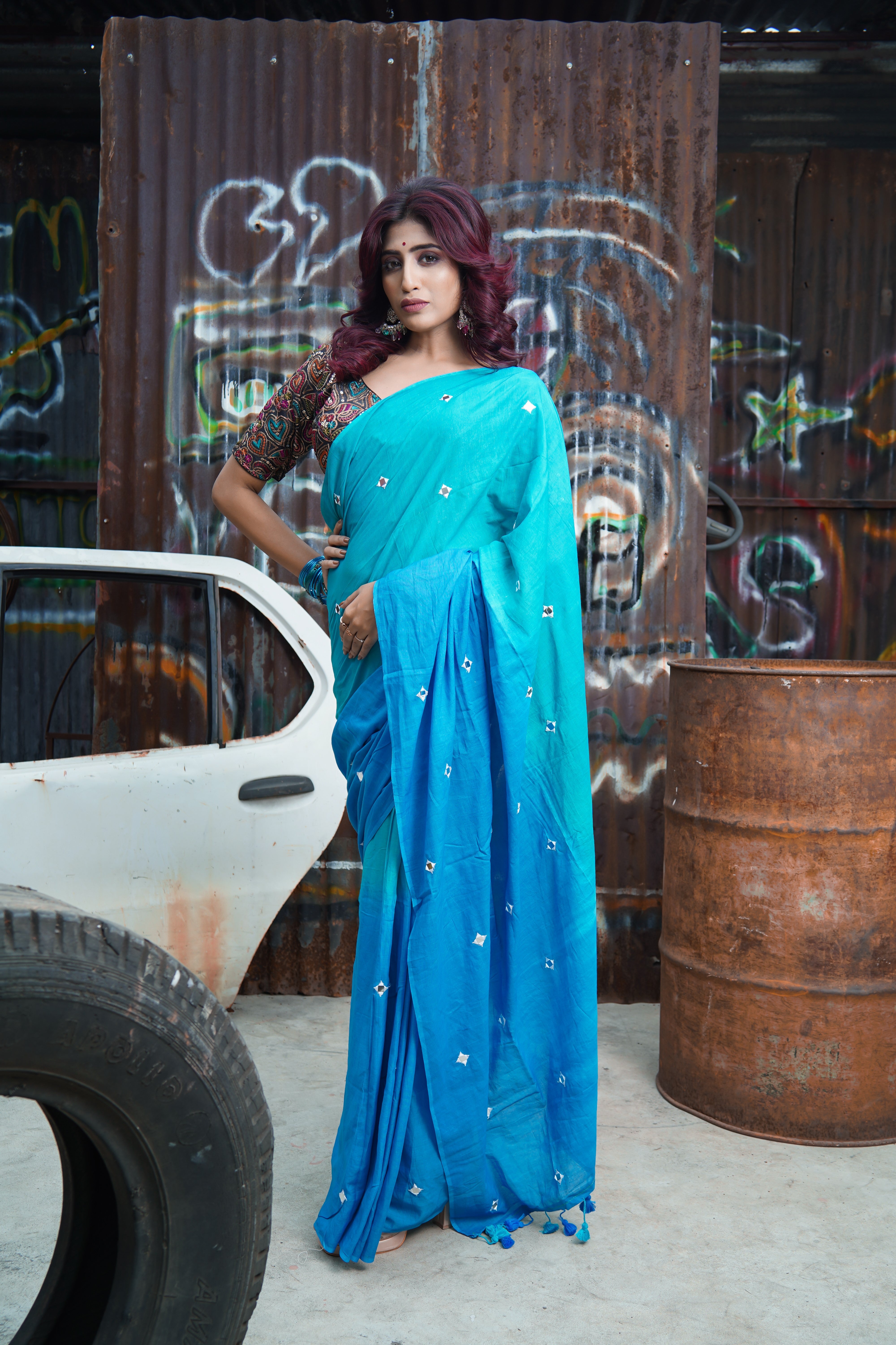 Pure Mul Cotton Mirror Work Saree Sky Blue