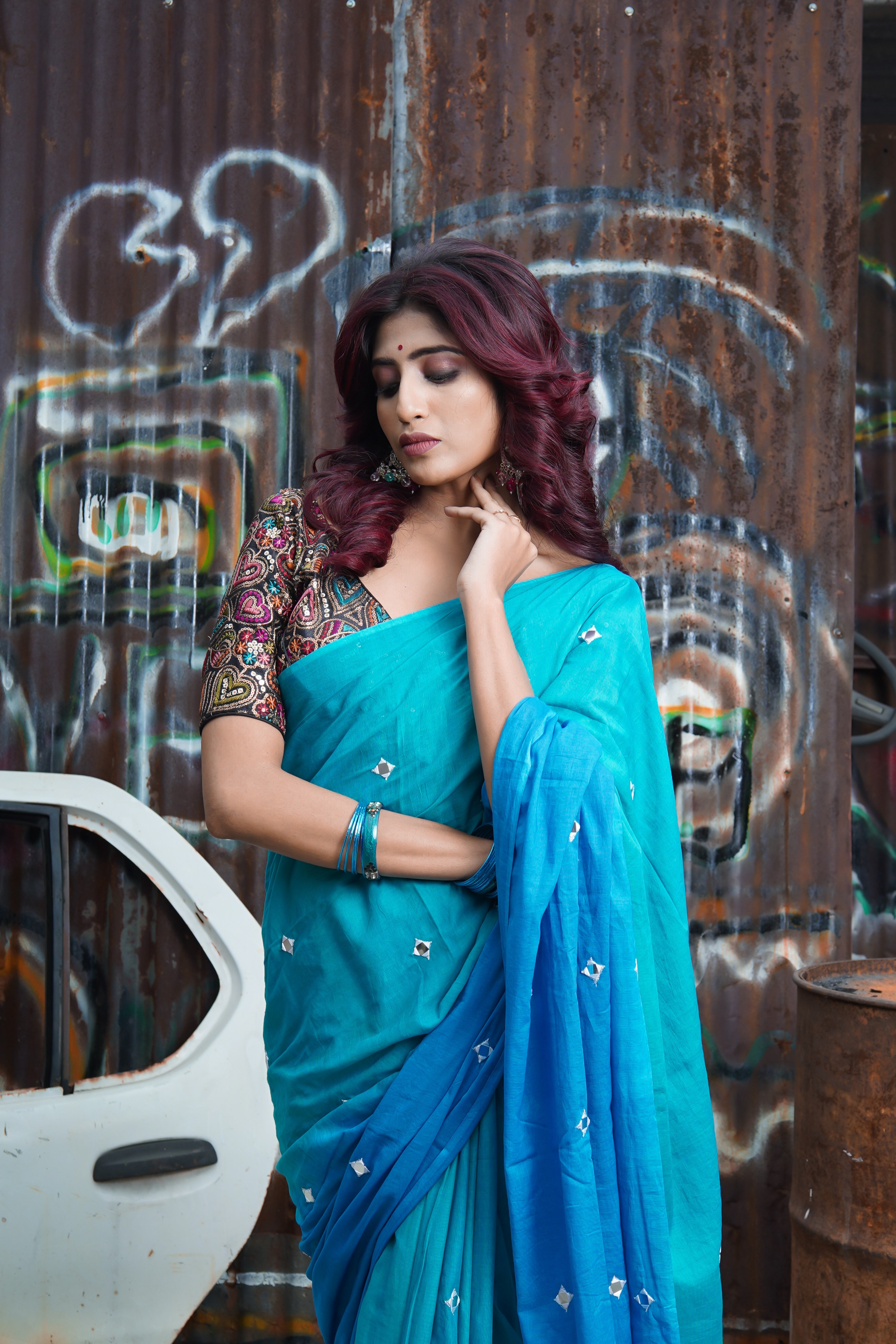 Pure Mul Cotton Mirror Work Saree Sky Blue