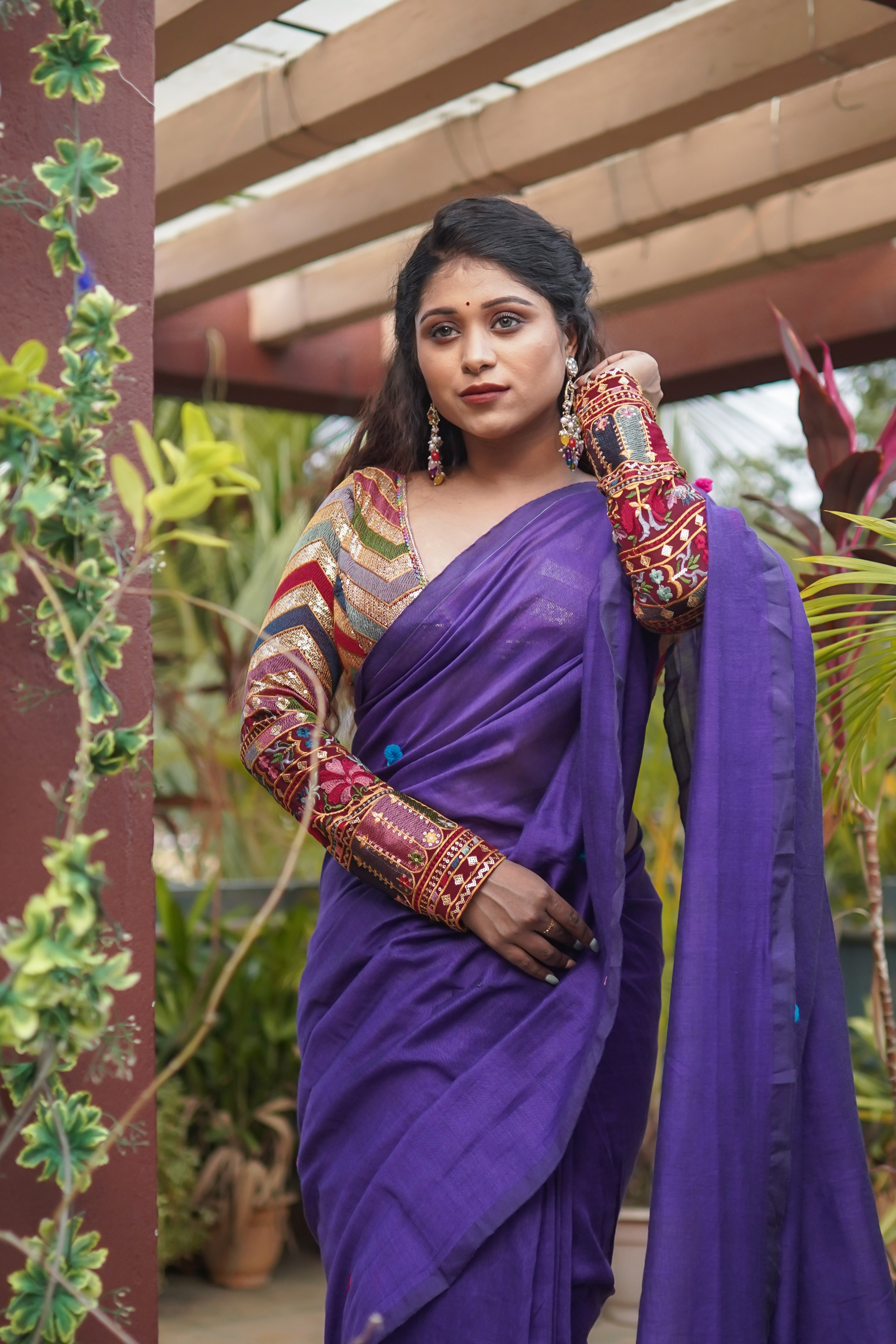 Purple Khadi Cotton Mirror Work Weaving Pompom Saree