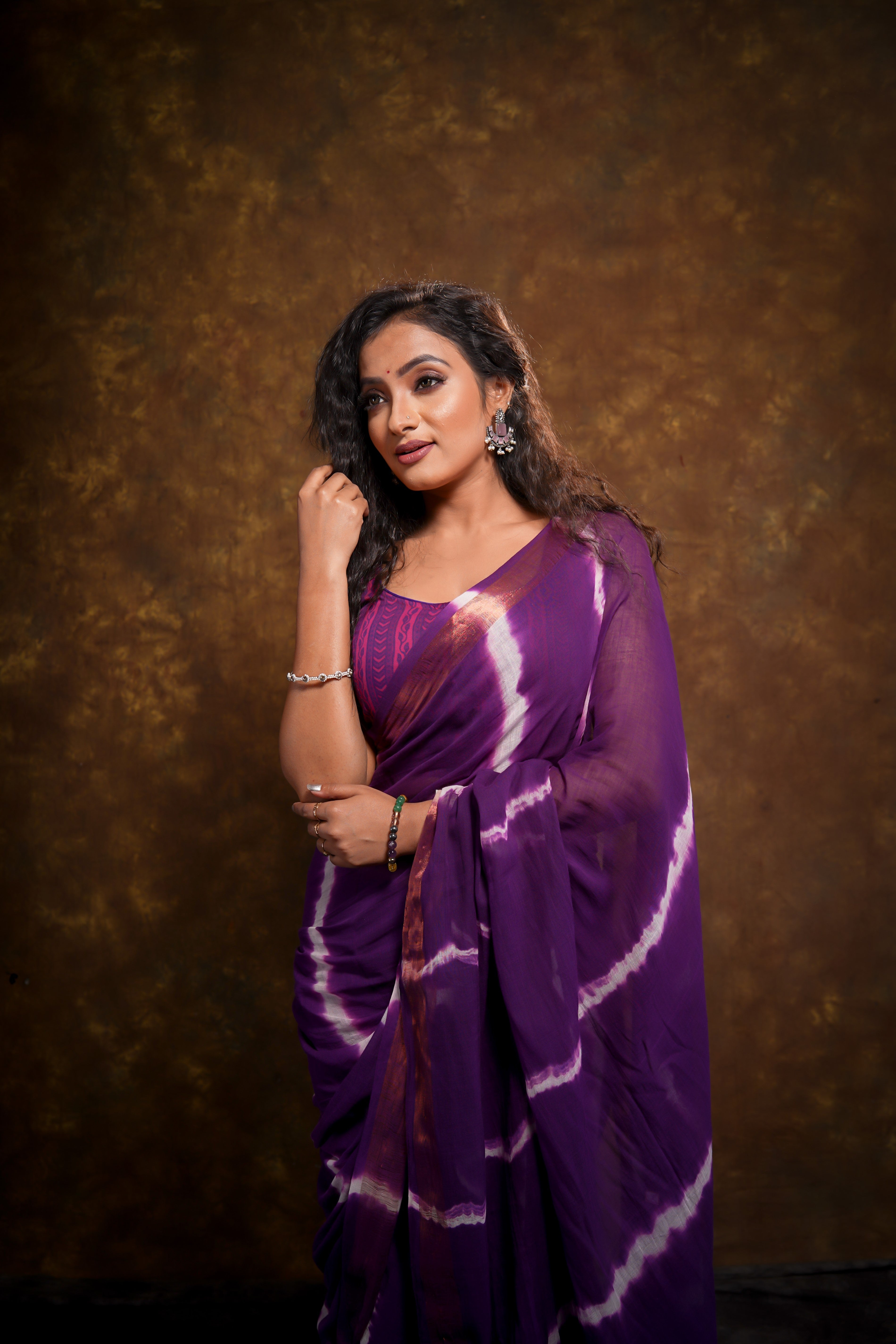 Purple Shibori Print Pure Mulmul Cotton Saree