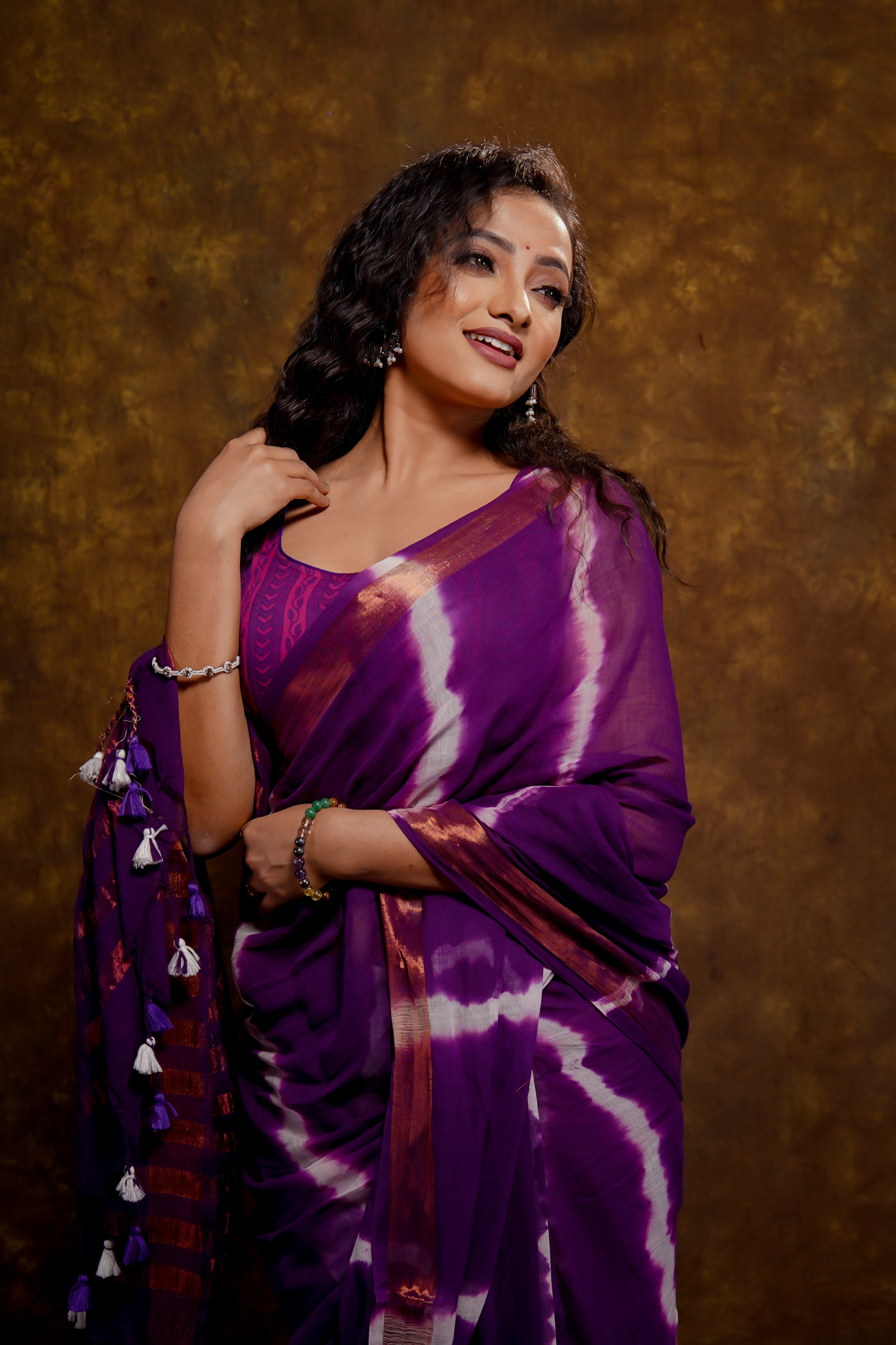 Purple Shibori Print Pure Mulmul Cotton Saree