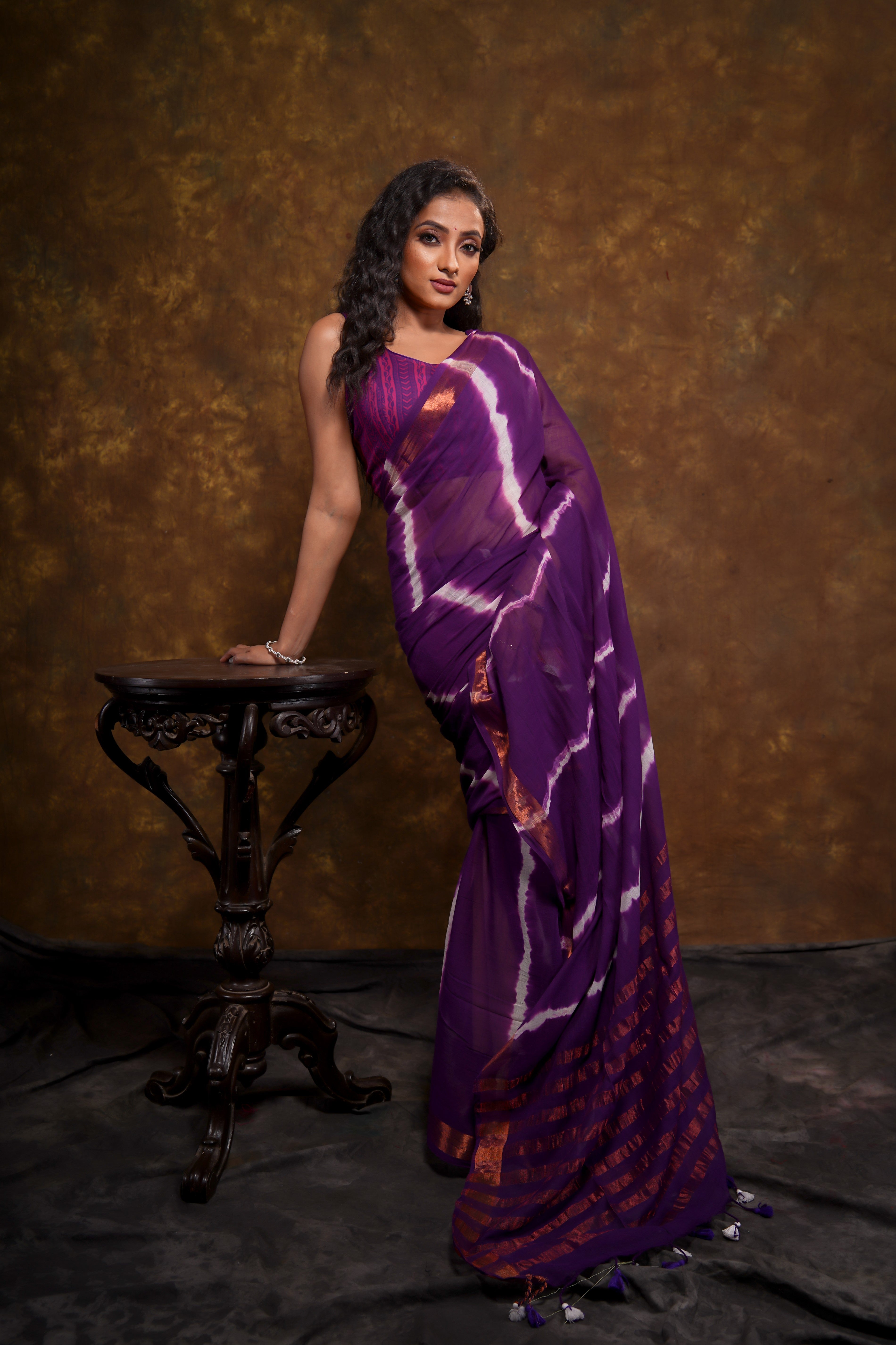 Purple Shibori Print Pure Mulmul Cotton Saree