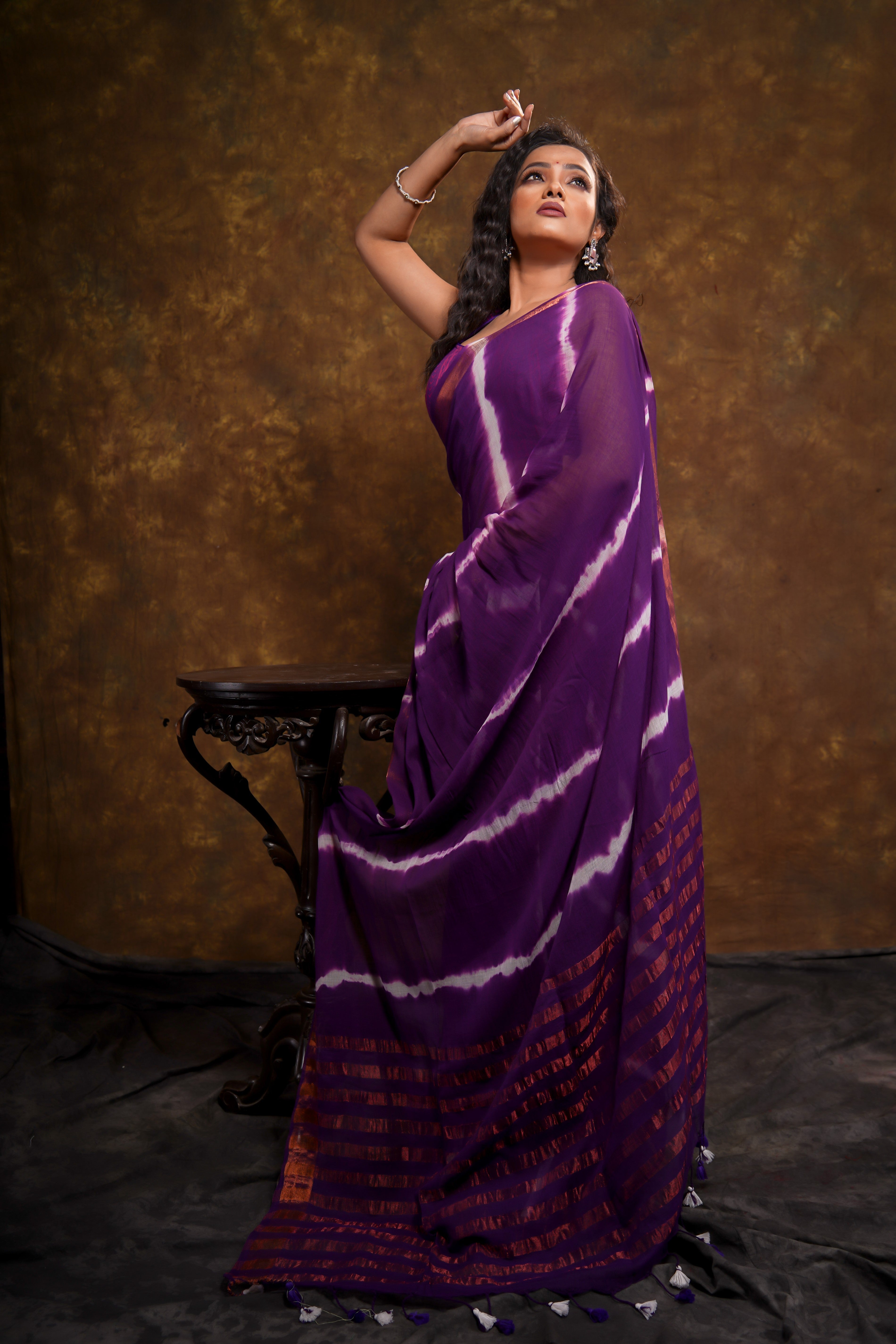 Purple Shibori Print Pure Mulmul Cotton Saree