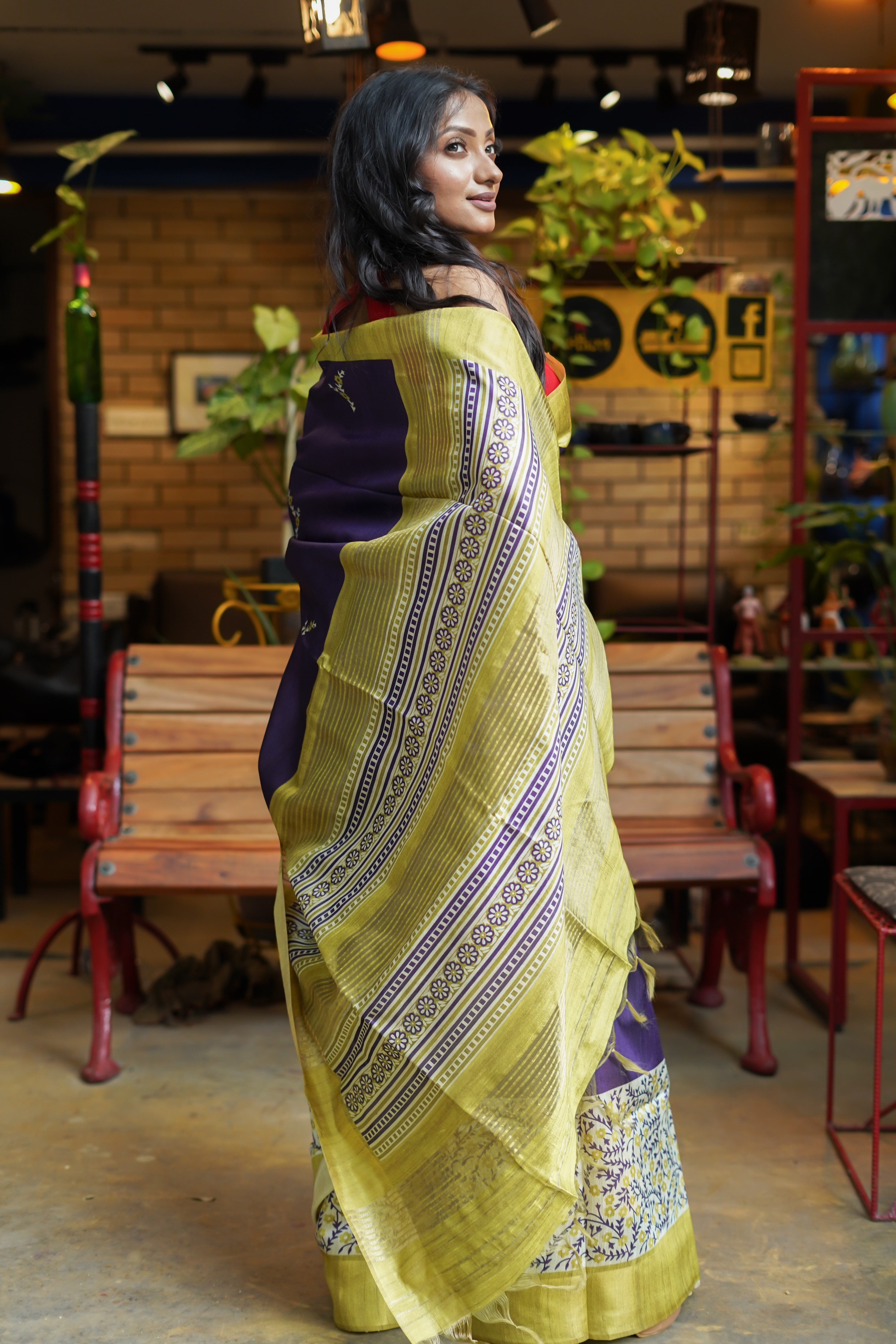 Purple floral printed Semi Tussar silk saree