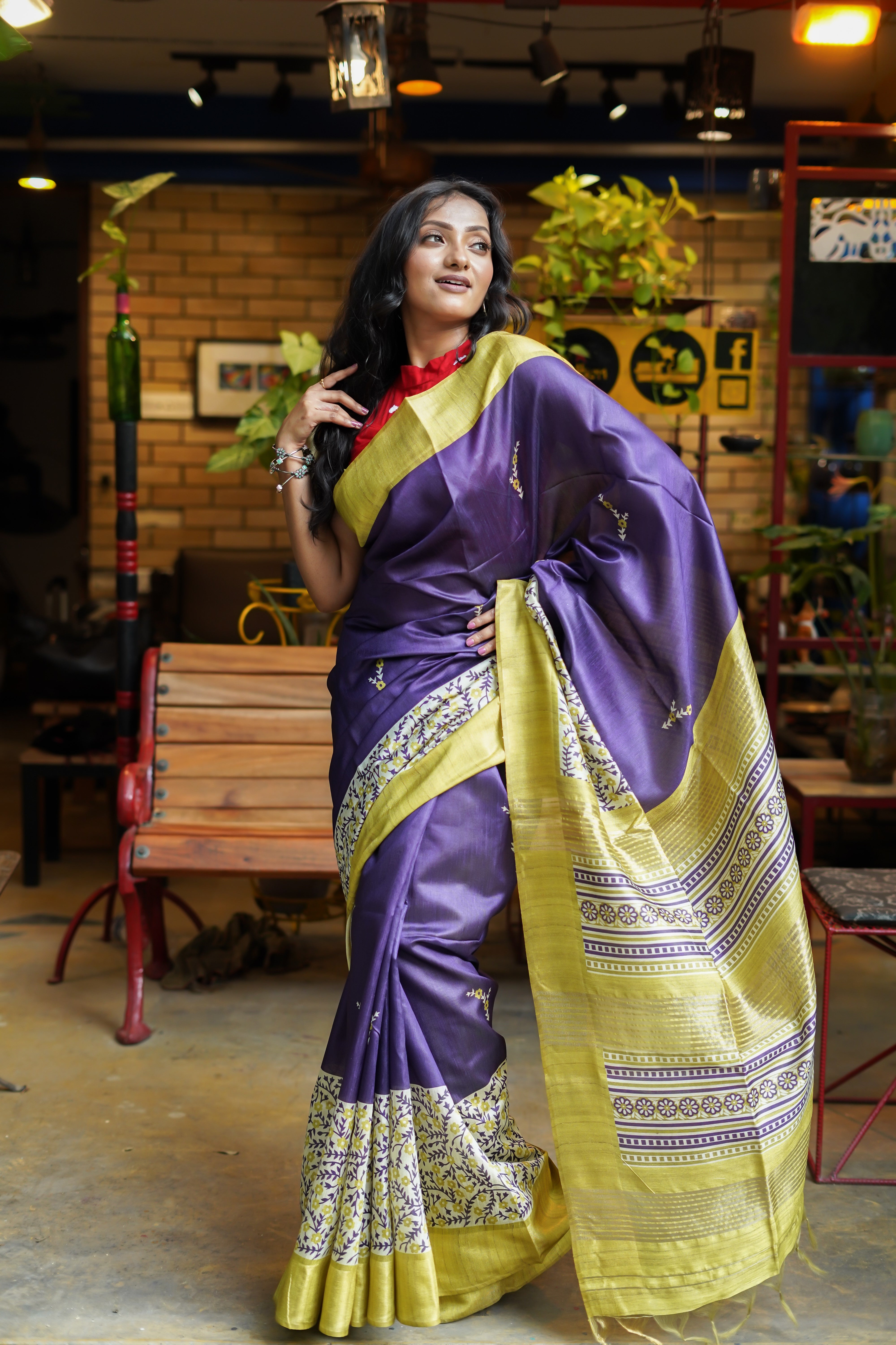 Purple floral printed Semi Tussar silk saree