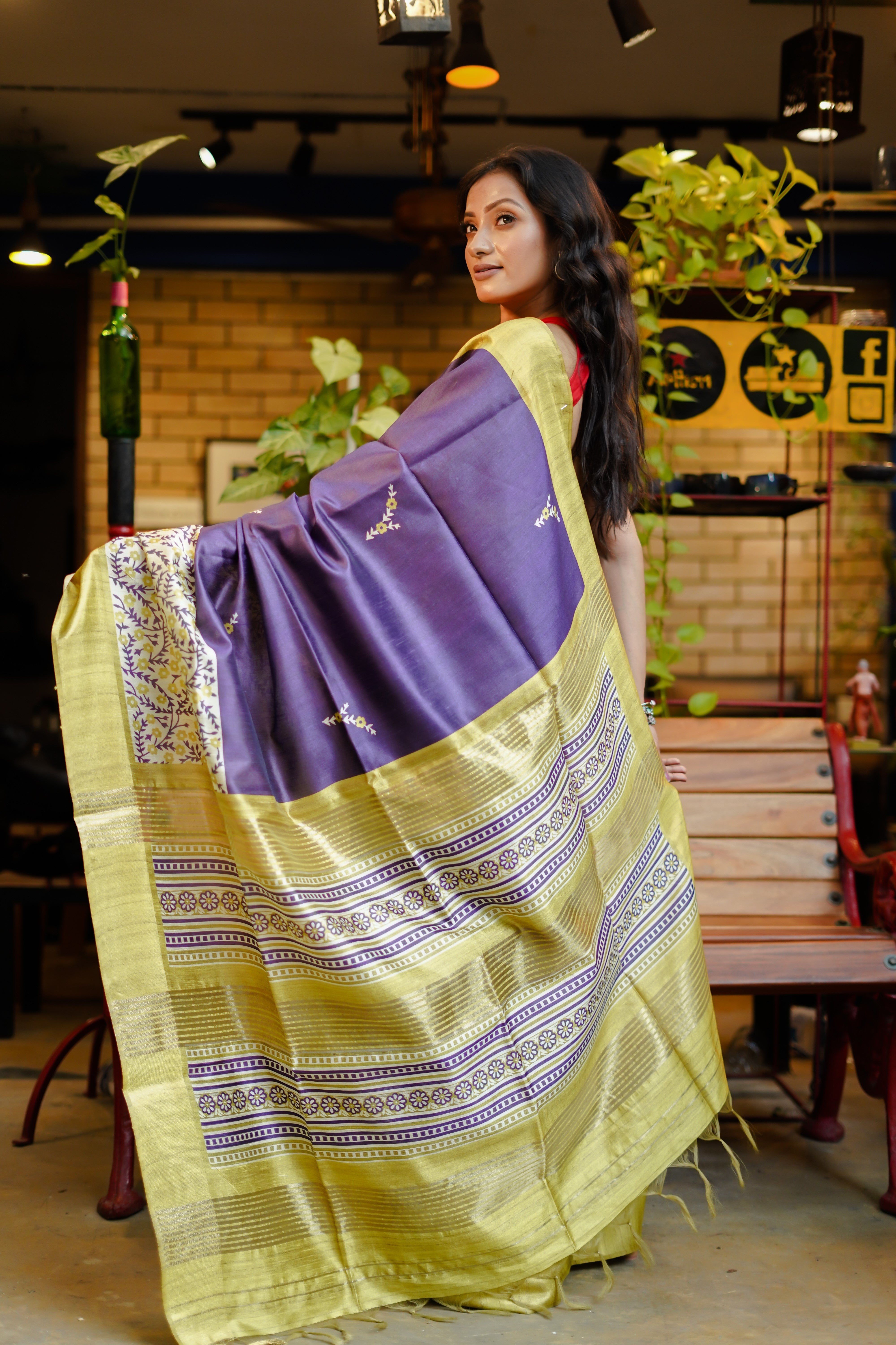 Purple floral printed Semi Tussar silk saree