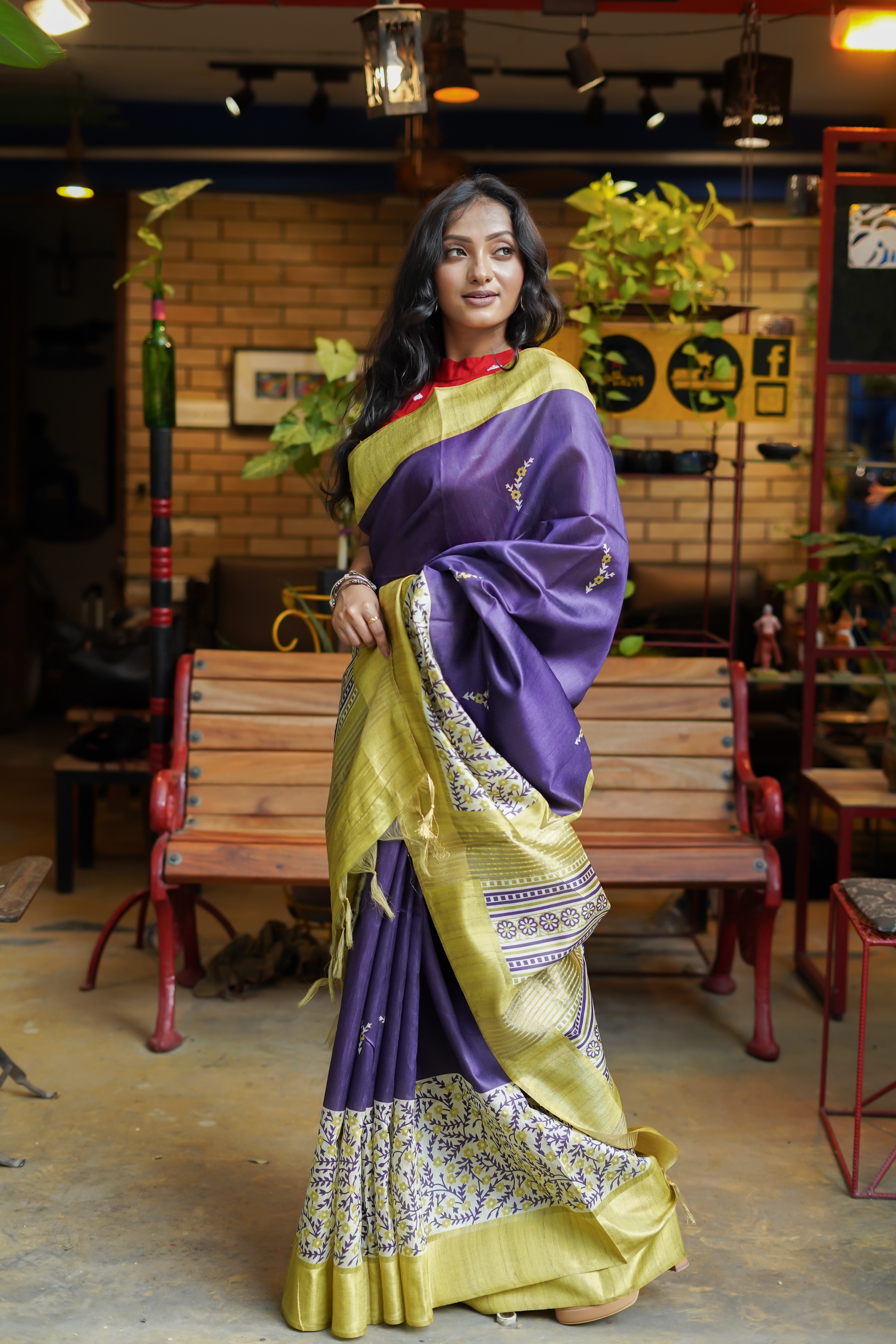 Purple floral printed Semi Tussar silk saree