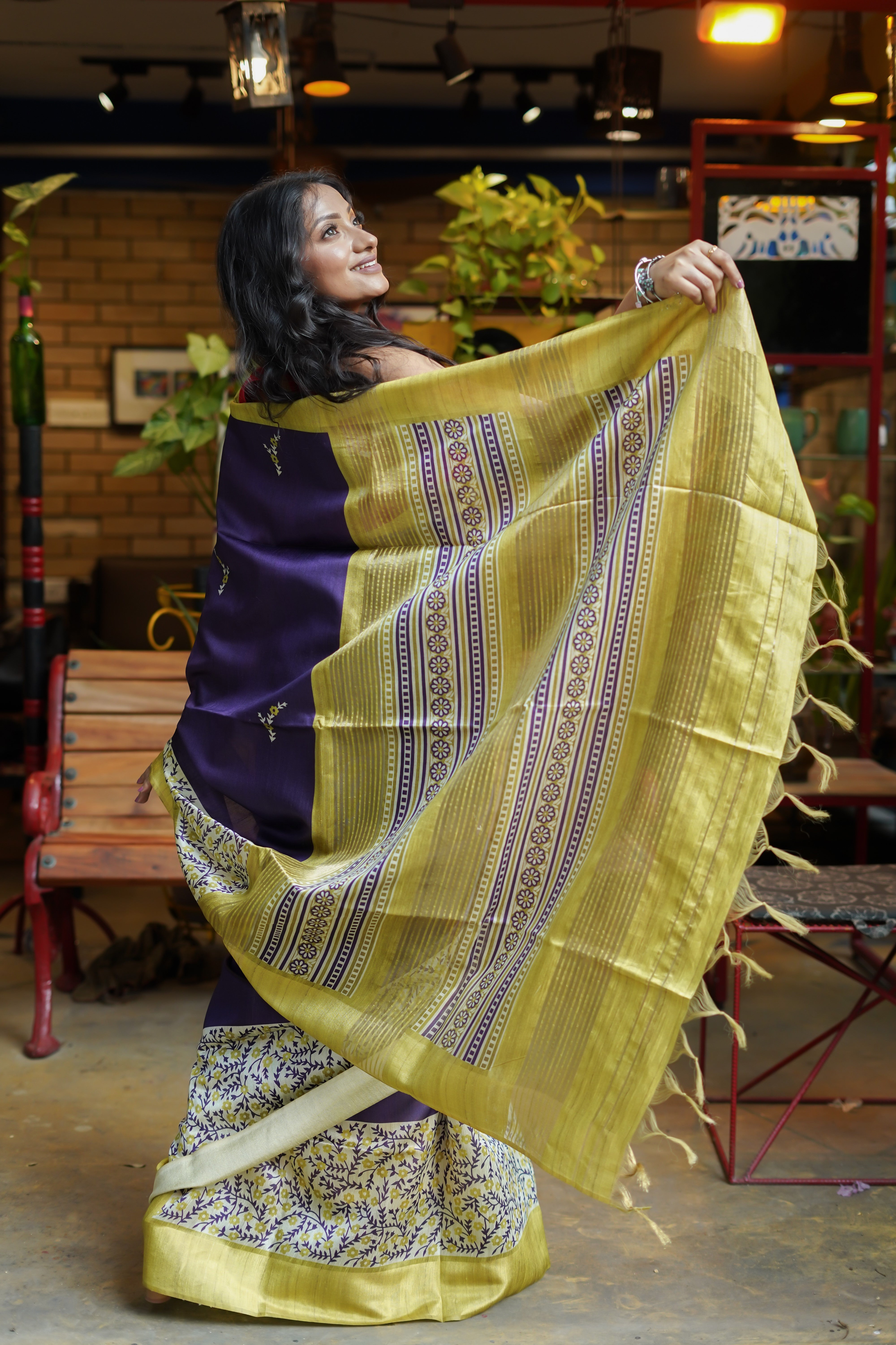 Purple floral printed Semi Tussar silk saree