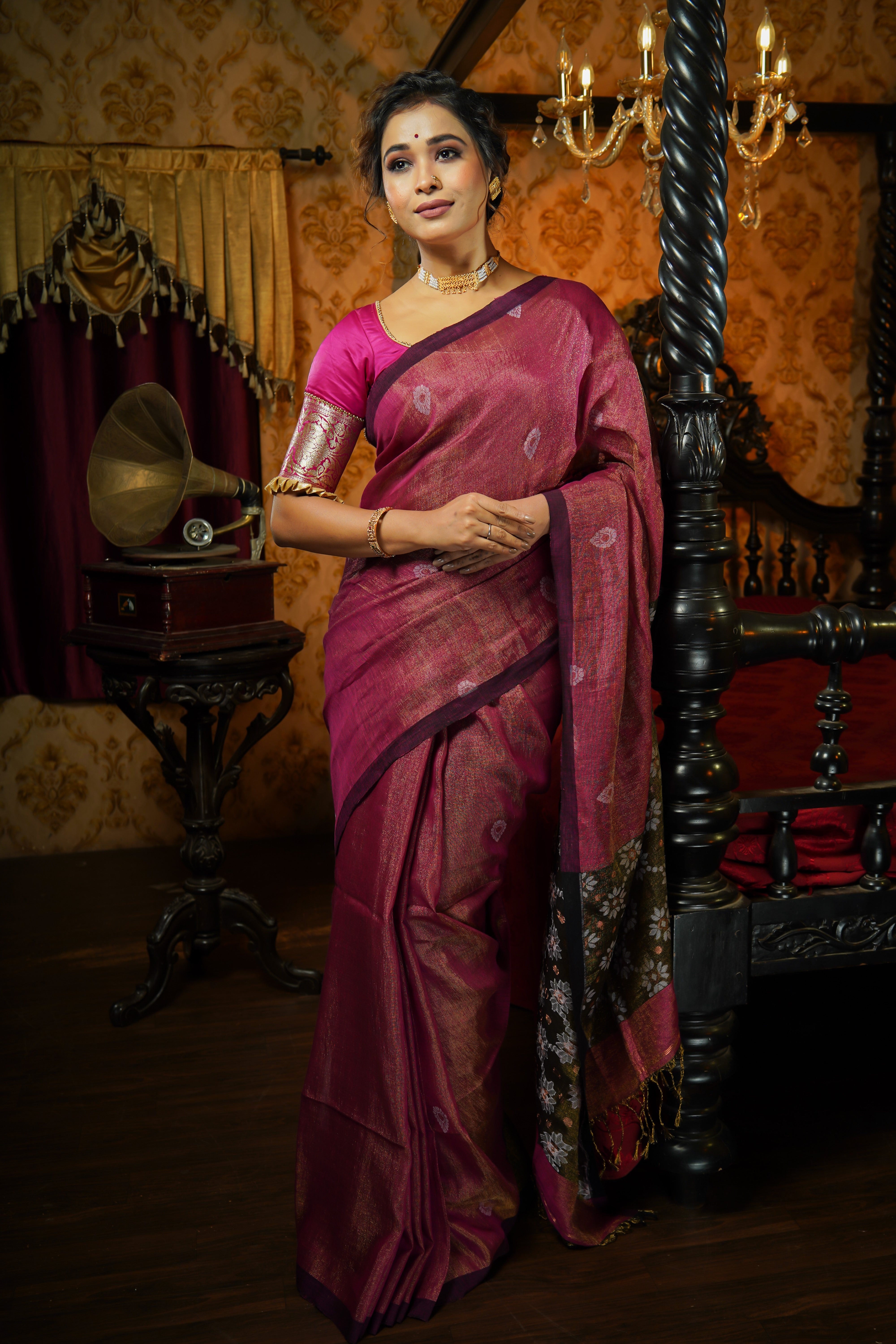 Rouge Pink Pure Tissue Mina Linen Handwoven Jamdani Saree