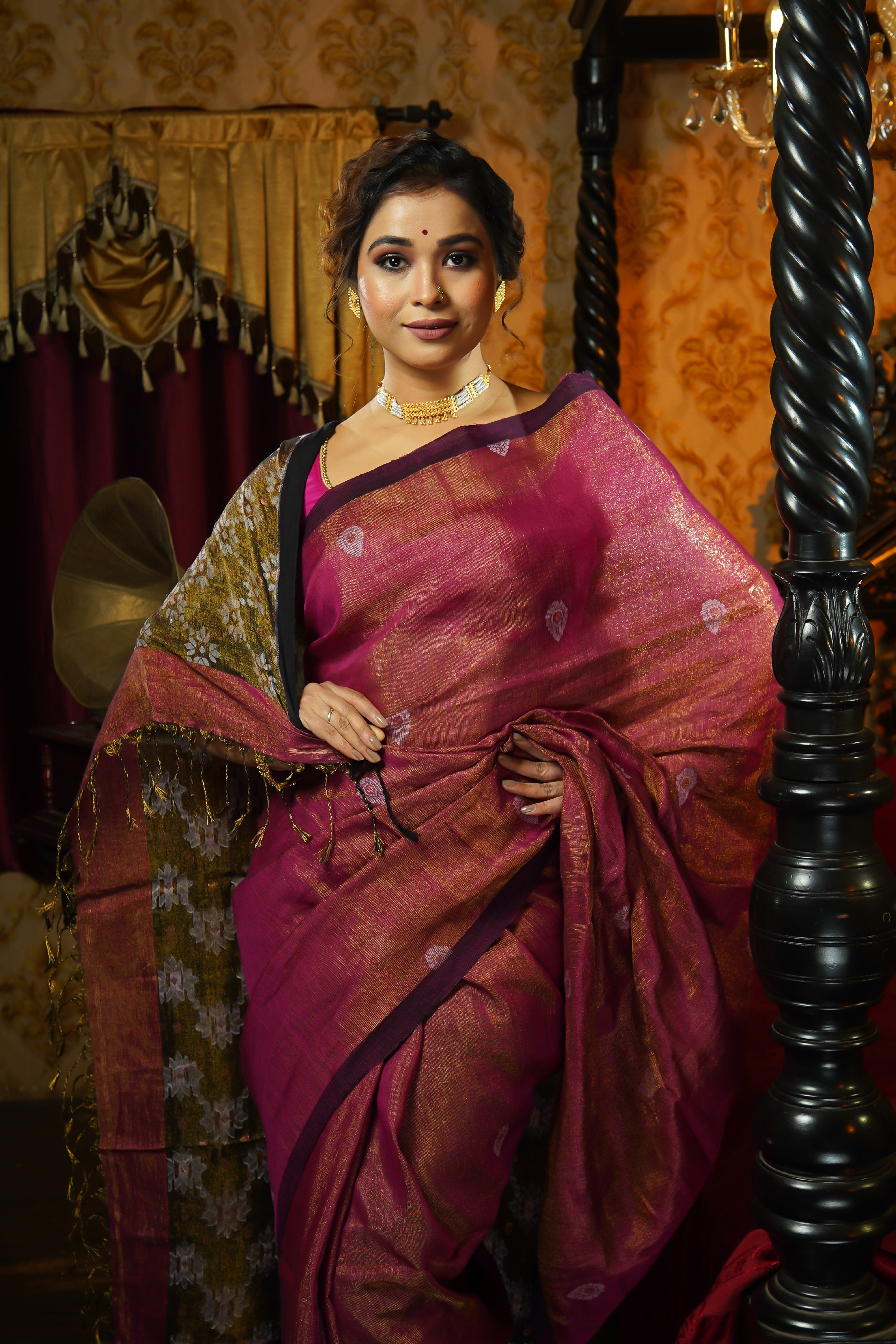 Rouge Pink Pure Tissue Mina Linen Handwoven Jamdani Saree