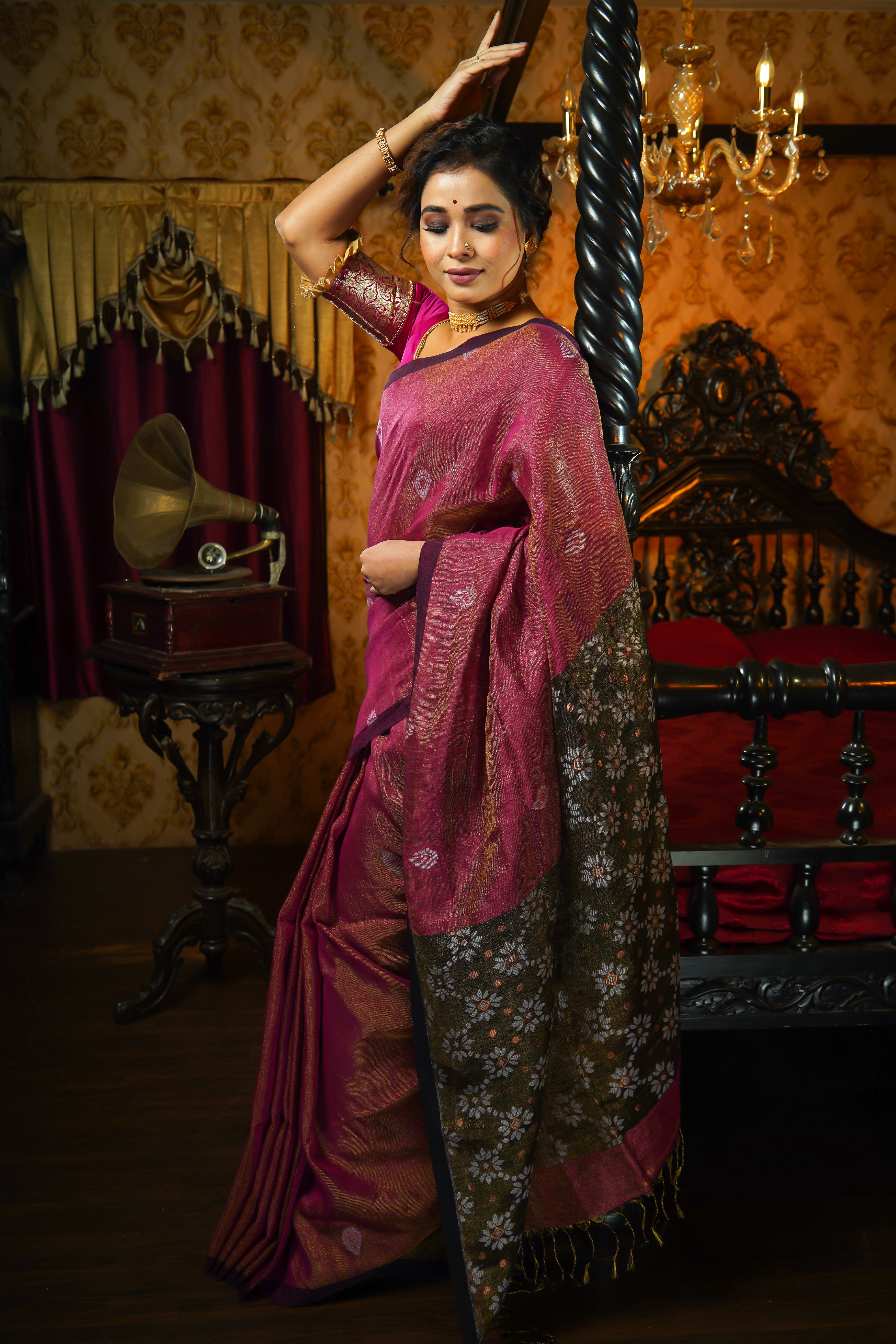 Rouge Pink Pure Tissue Mina Linen Handwoven Jamdani Saree