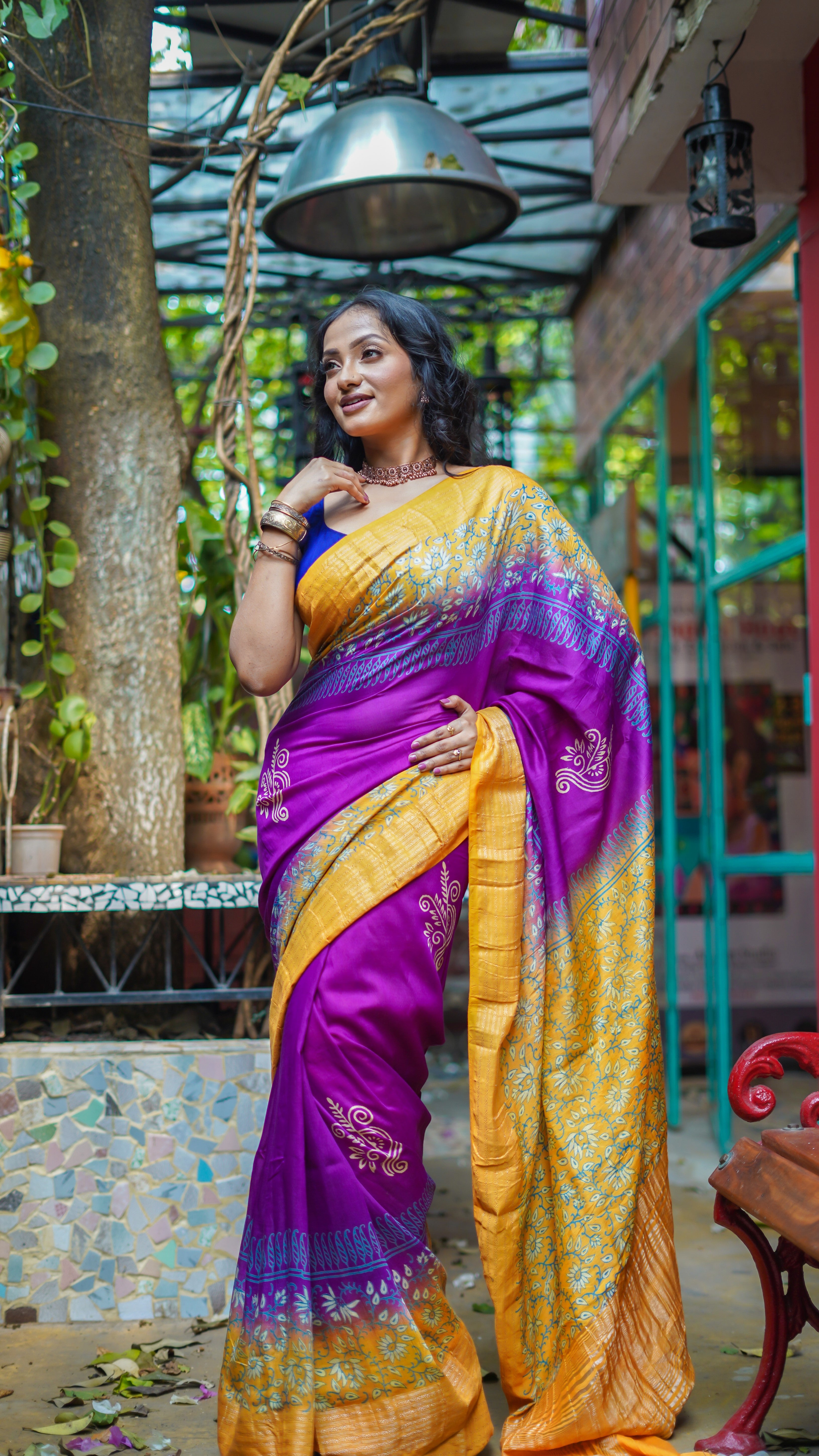 Rangoli Purple & Yellow pure dola silk saree