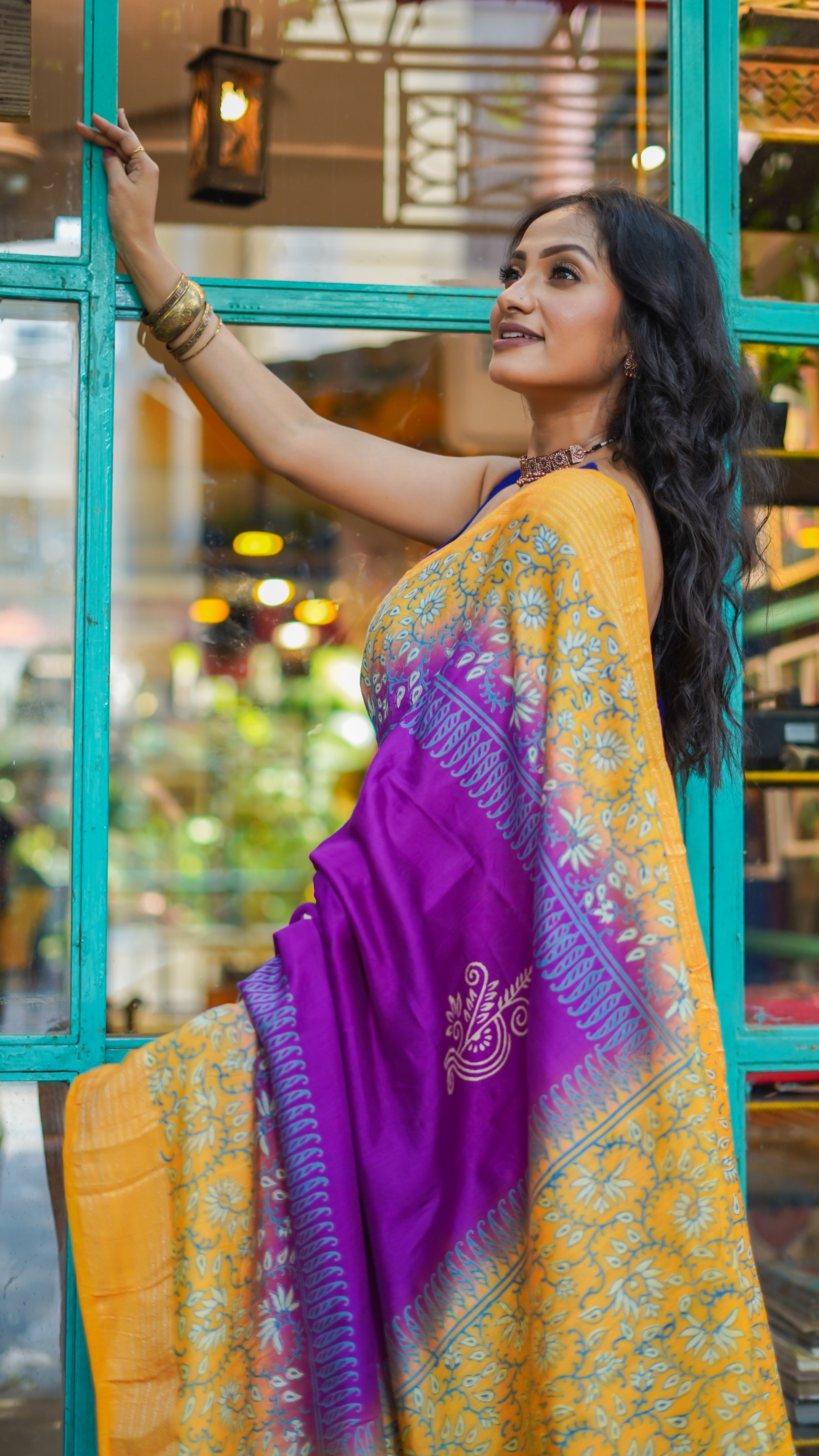 Rangoli Purple & Yellow pure dola silk saree