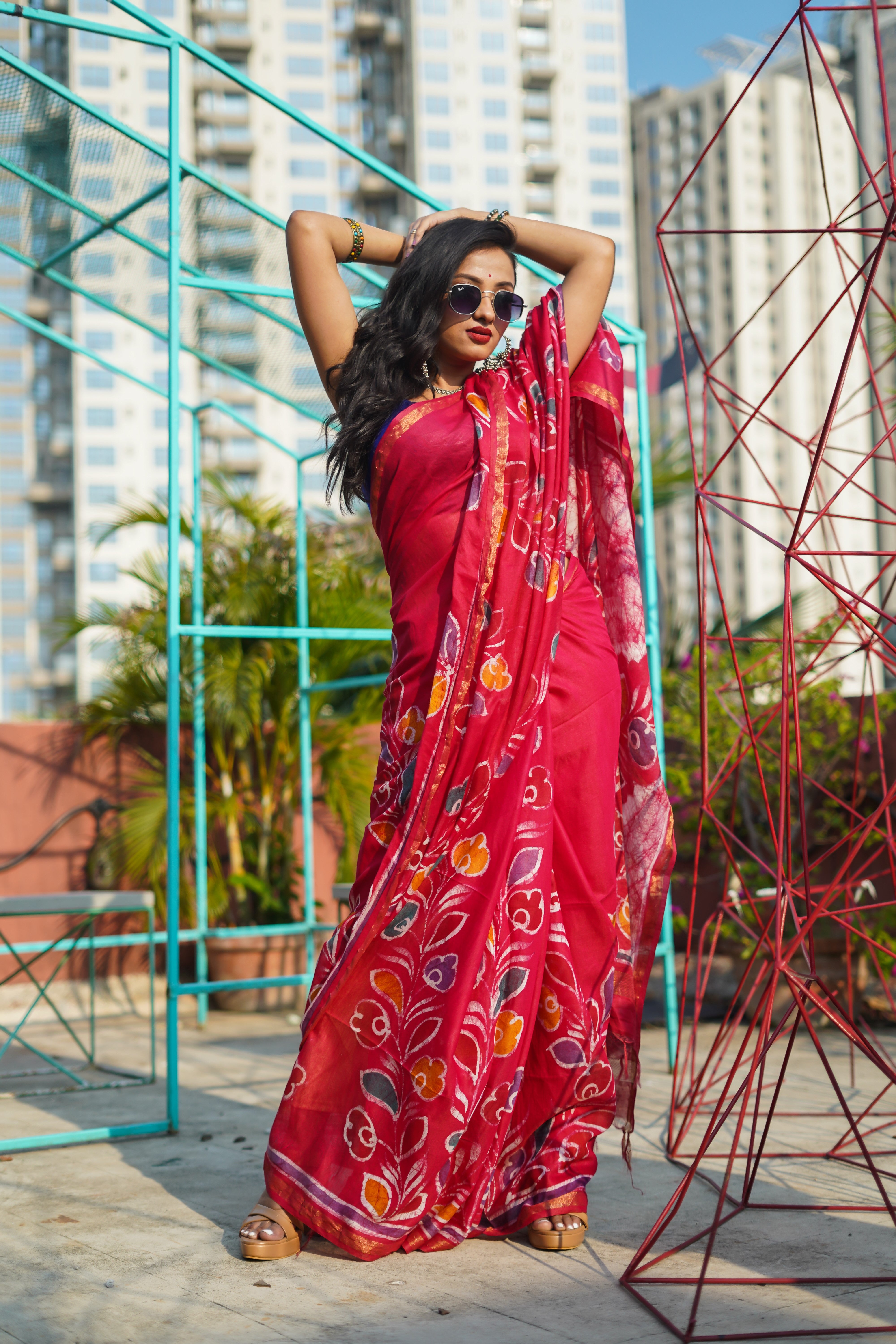 Red Hand Block Pure Chanderi Silk Saree