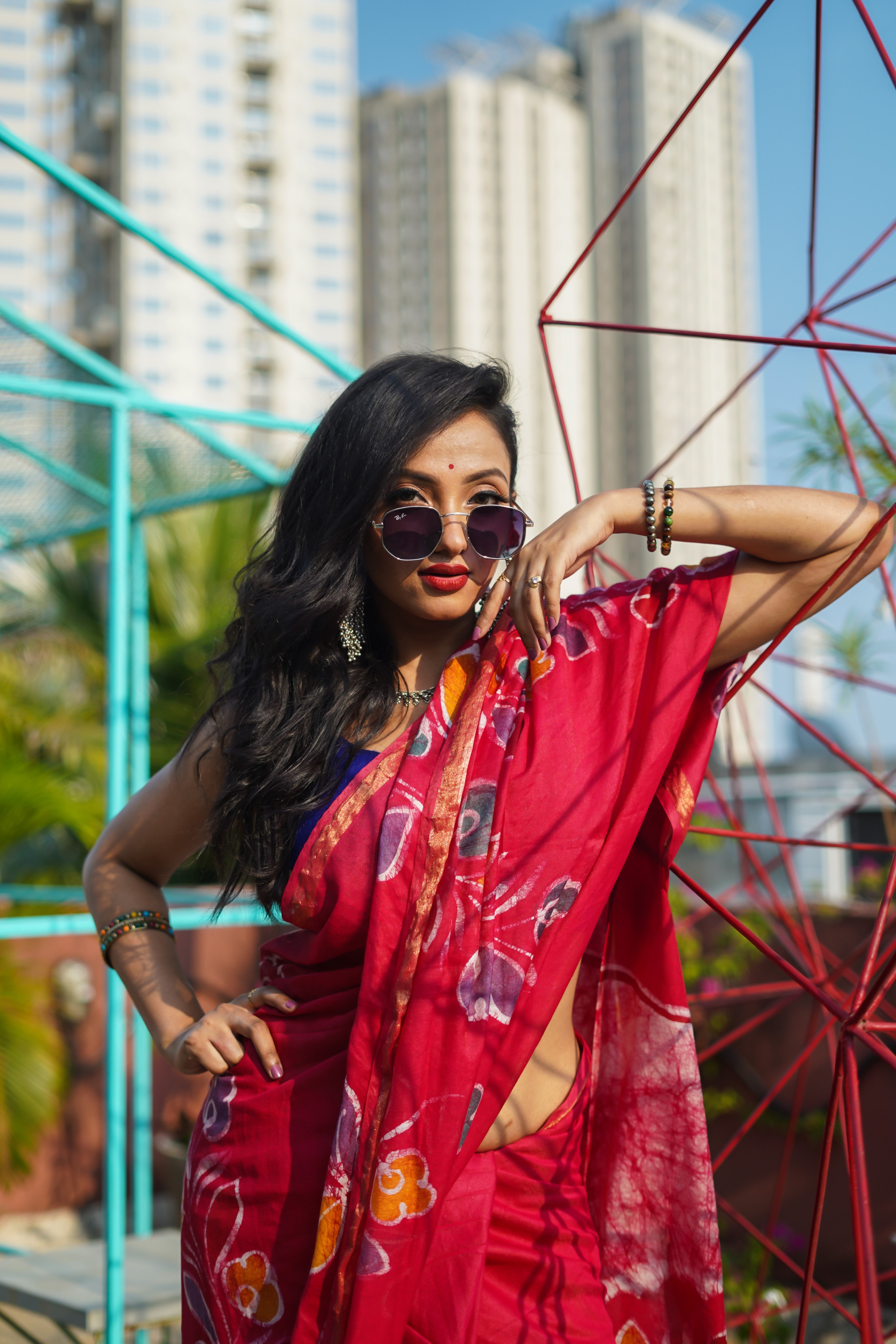 Red Hand Block Pure Chanderi Silk Saree