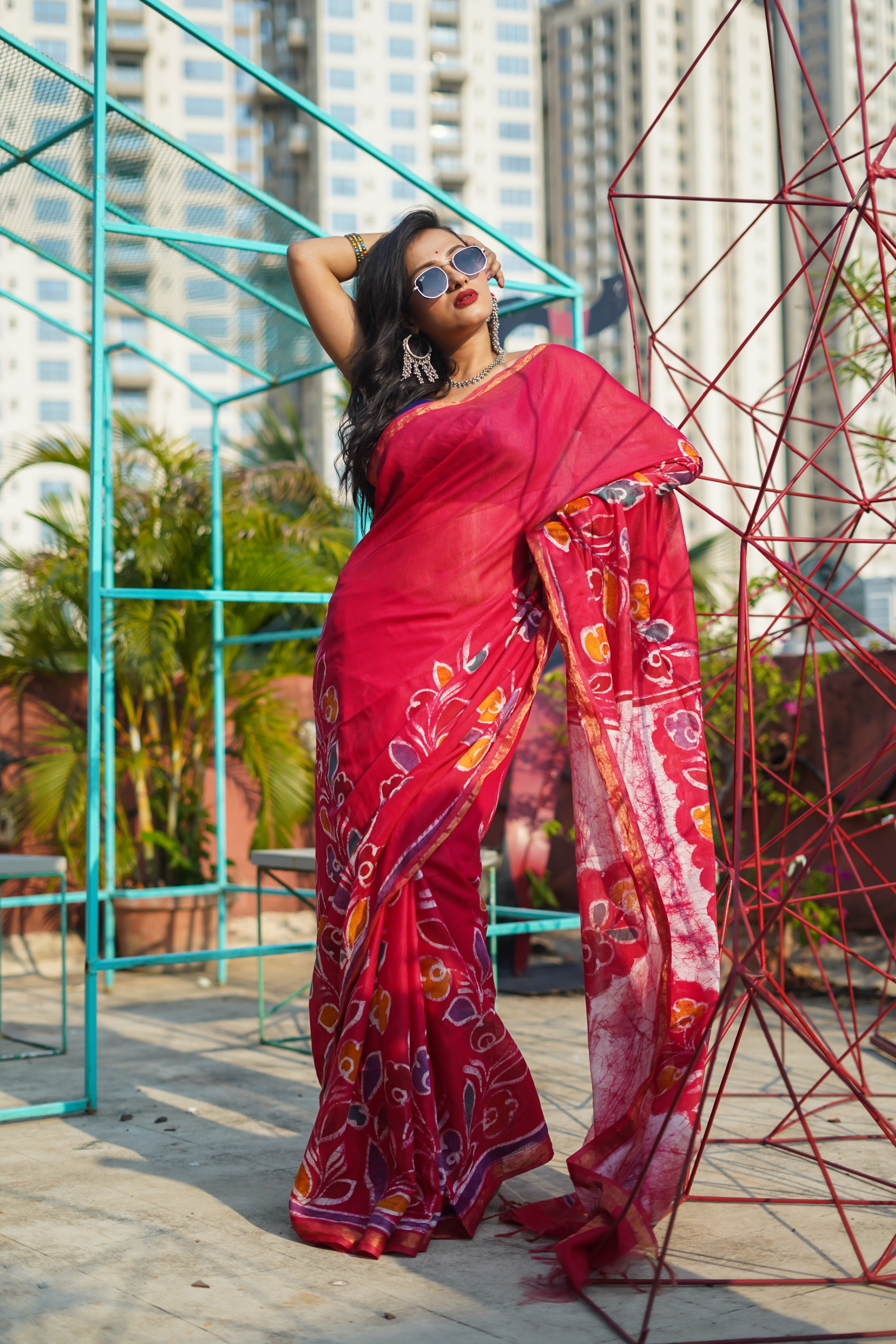 Red Hand Block Pure Chanderi Silk Saree