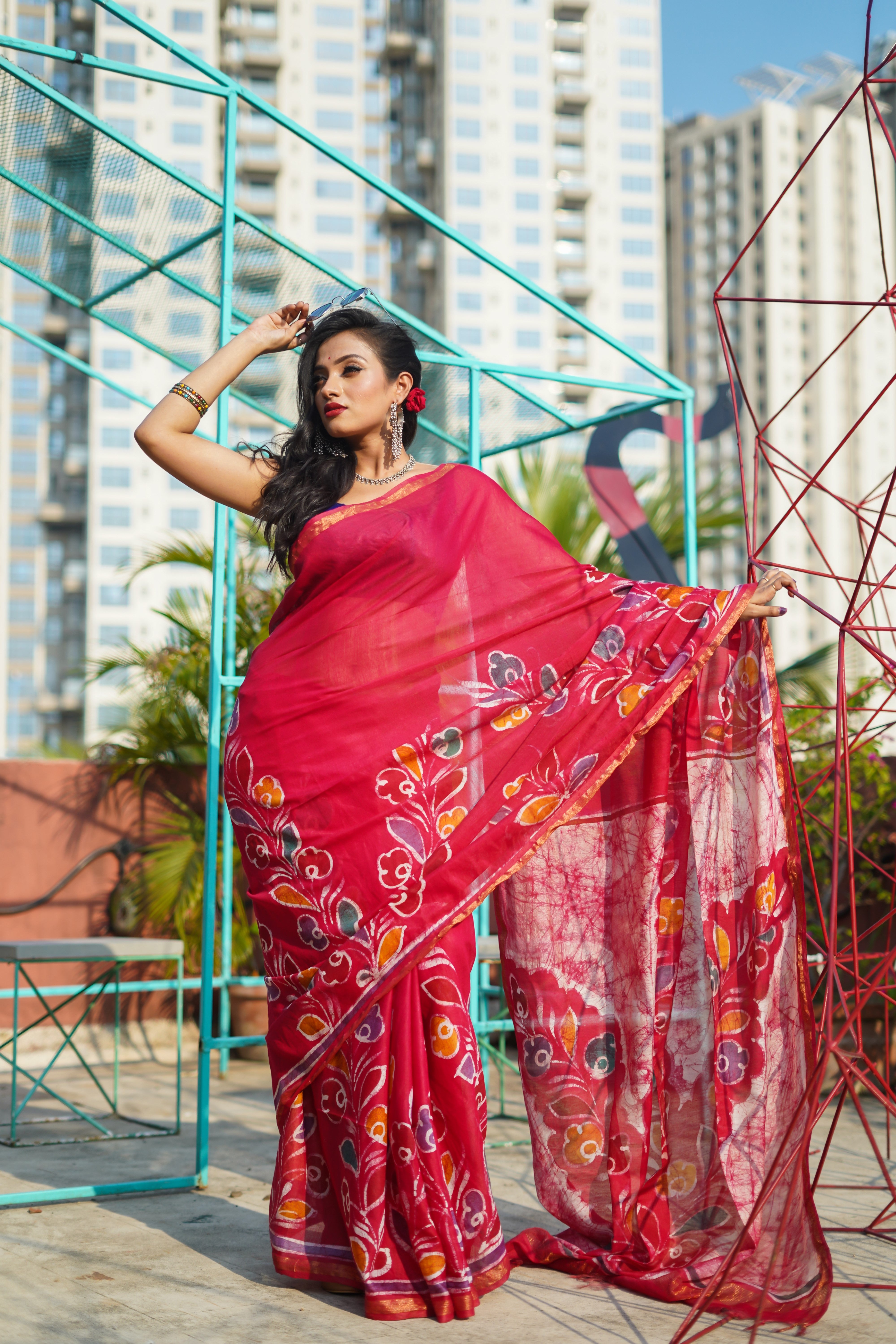 Red Hand Block Pure Chanderi Silk Saree