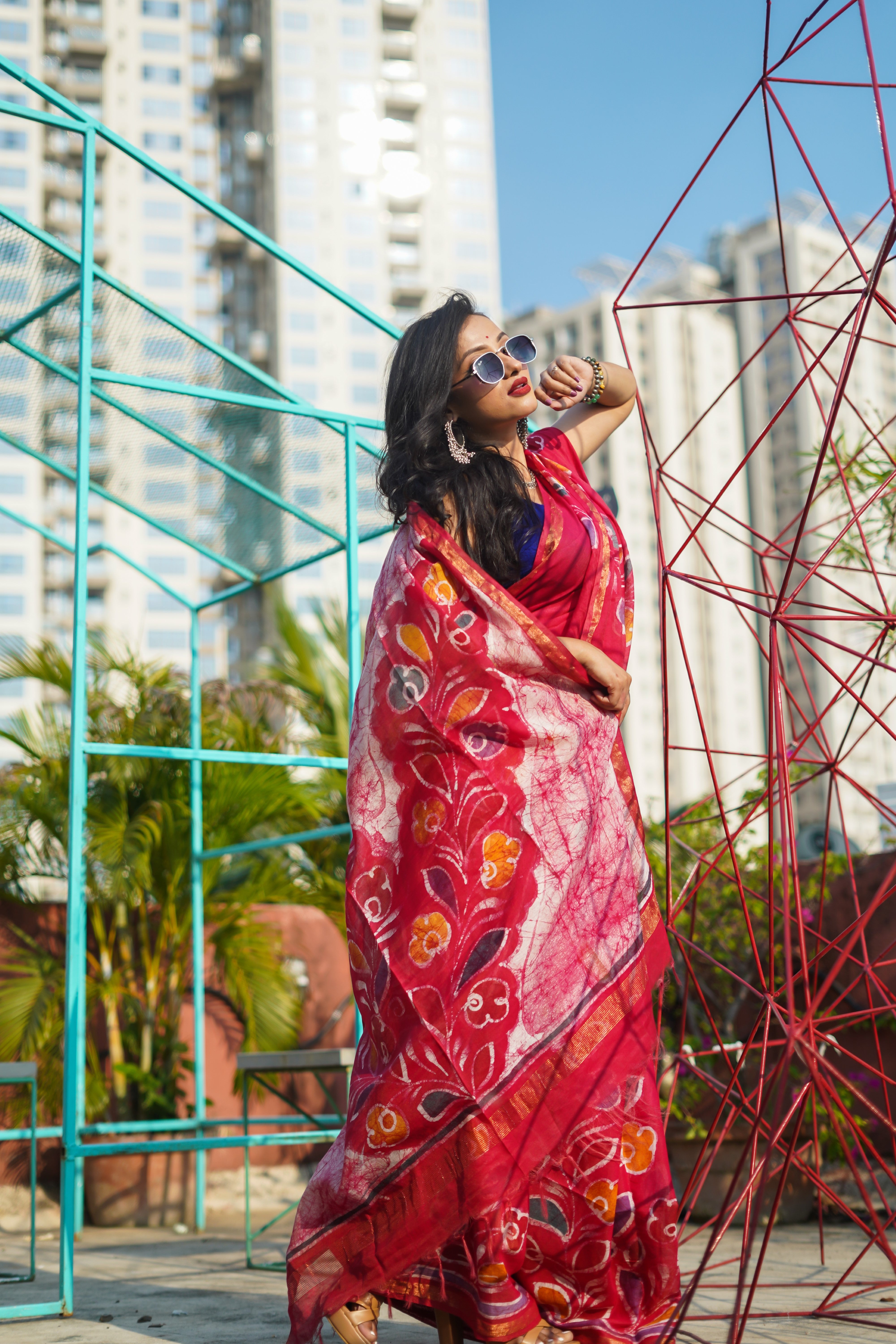 Red Hand Block Pure Chanderi Silk Saree