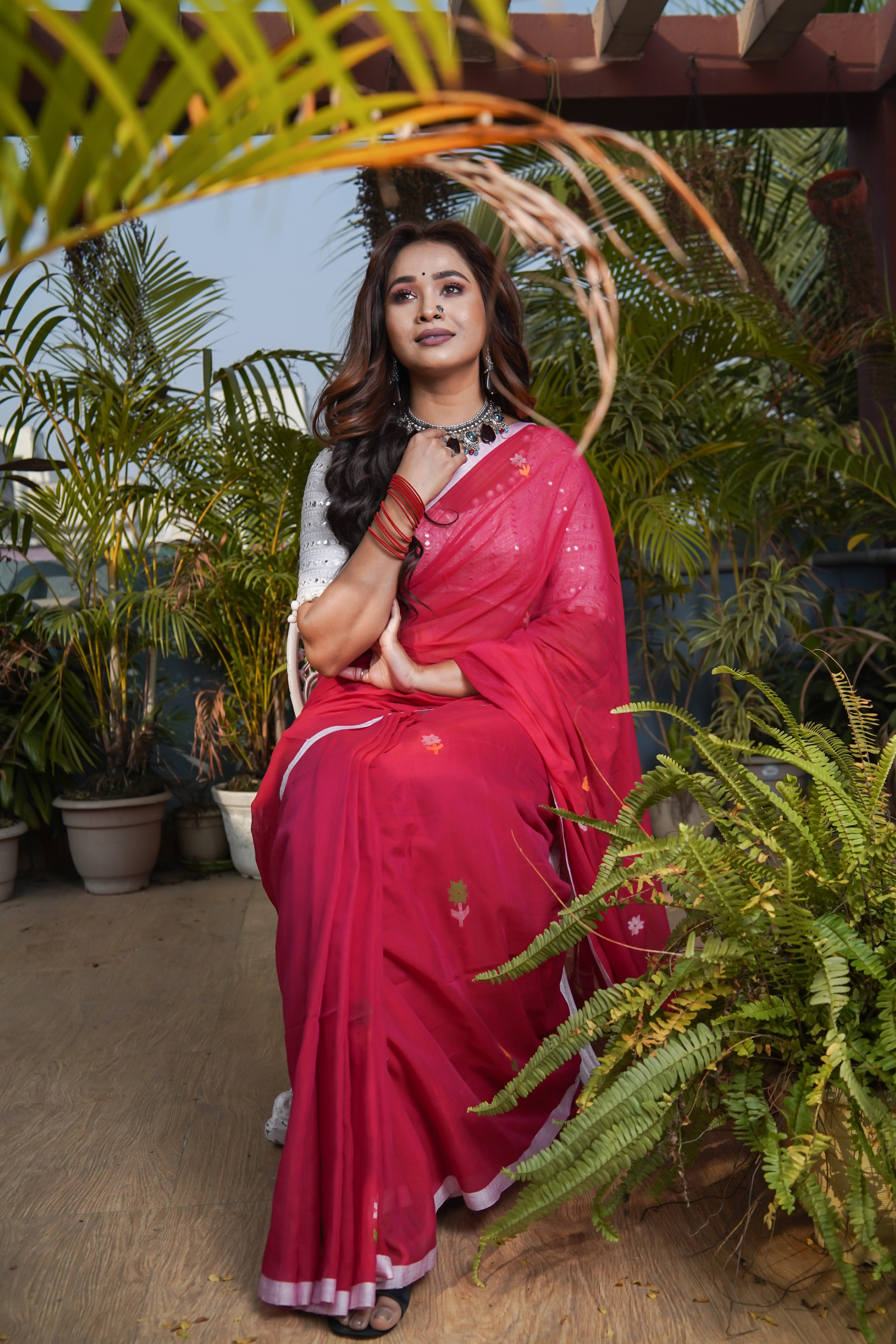 Red Hand Weaving Mulmul Cotton Saree