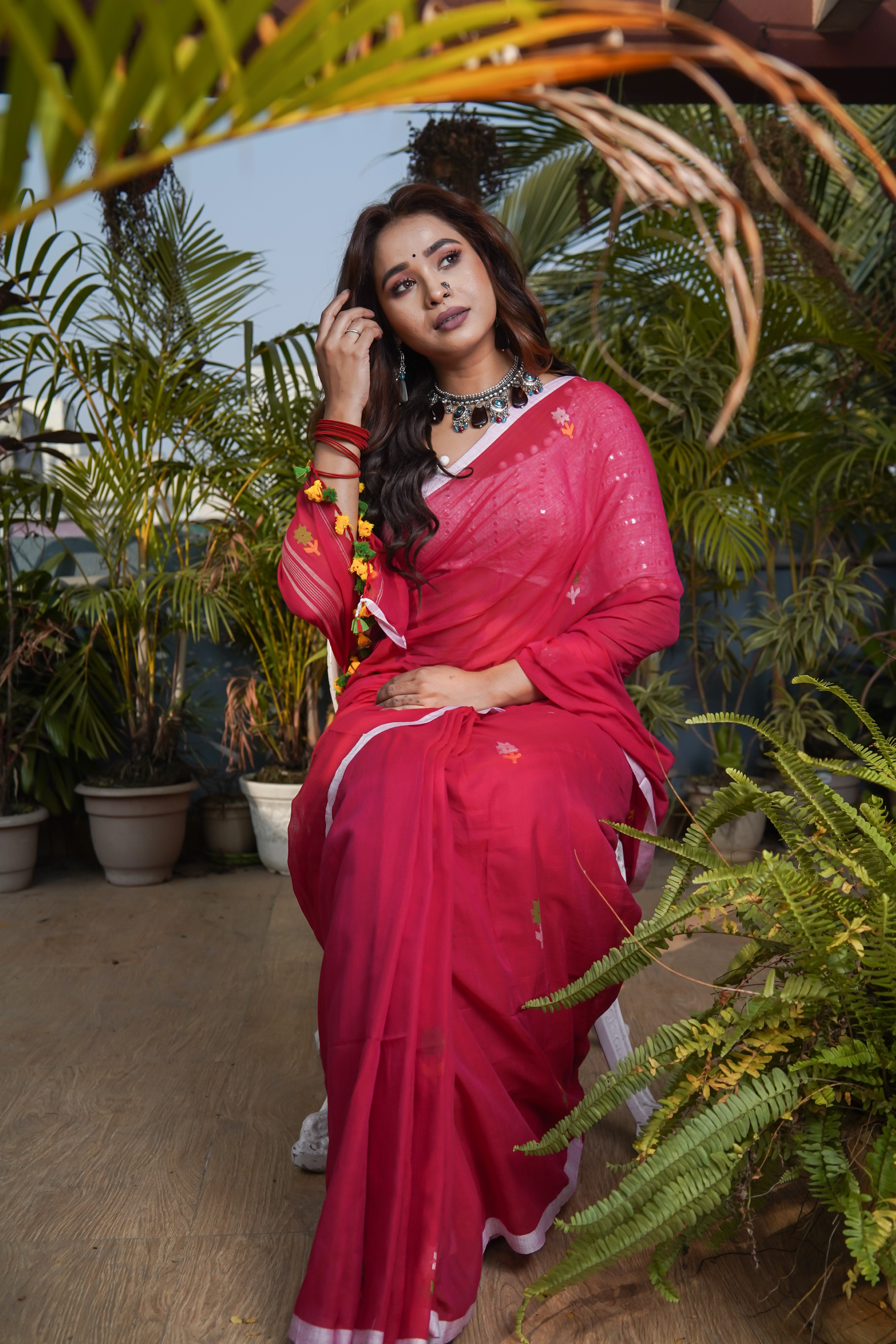 Red Hand Weaving Mulmul Cotton Saree