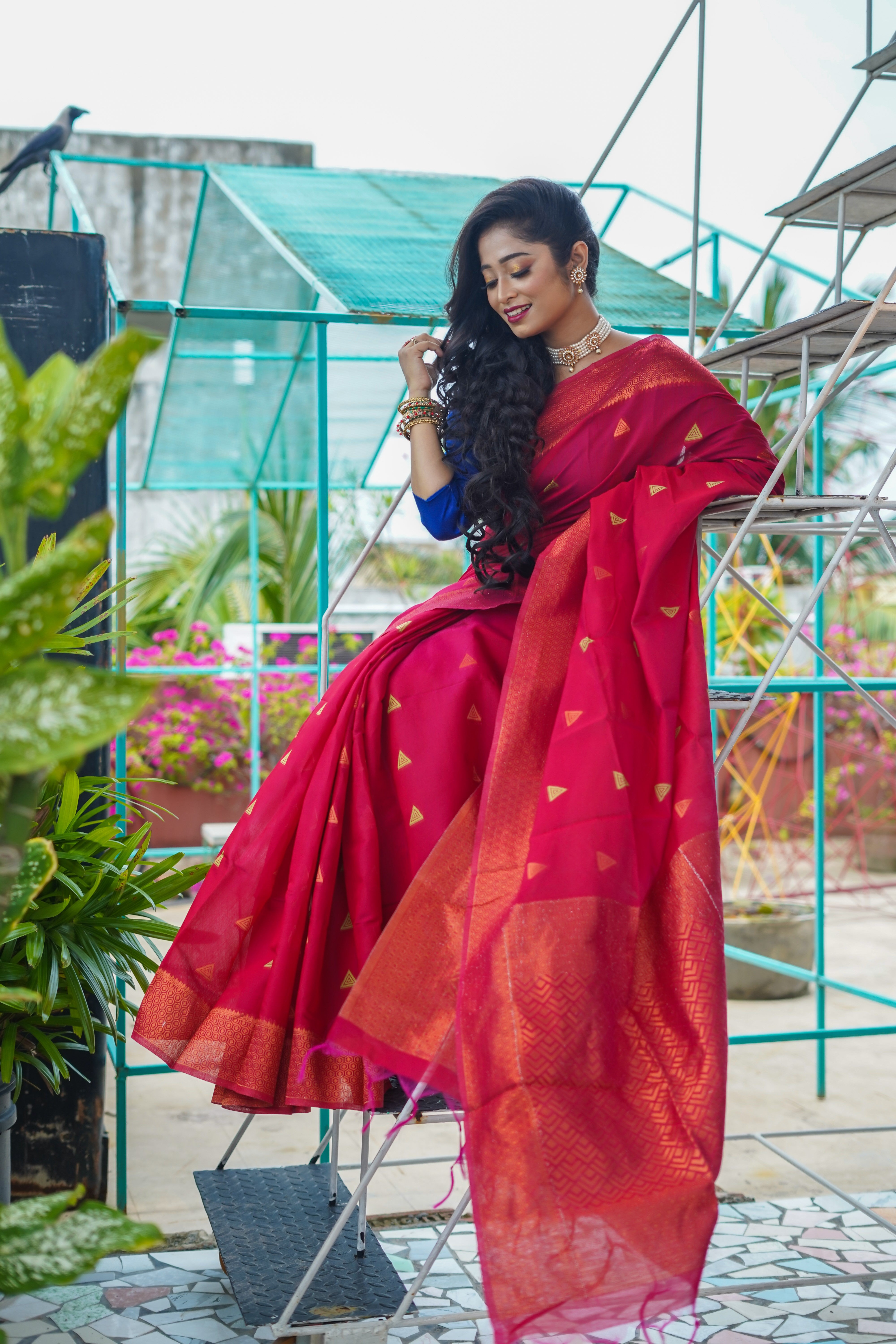 Red Maheswari Silk Weaving Saree