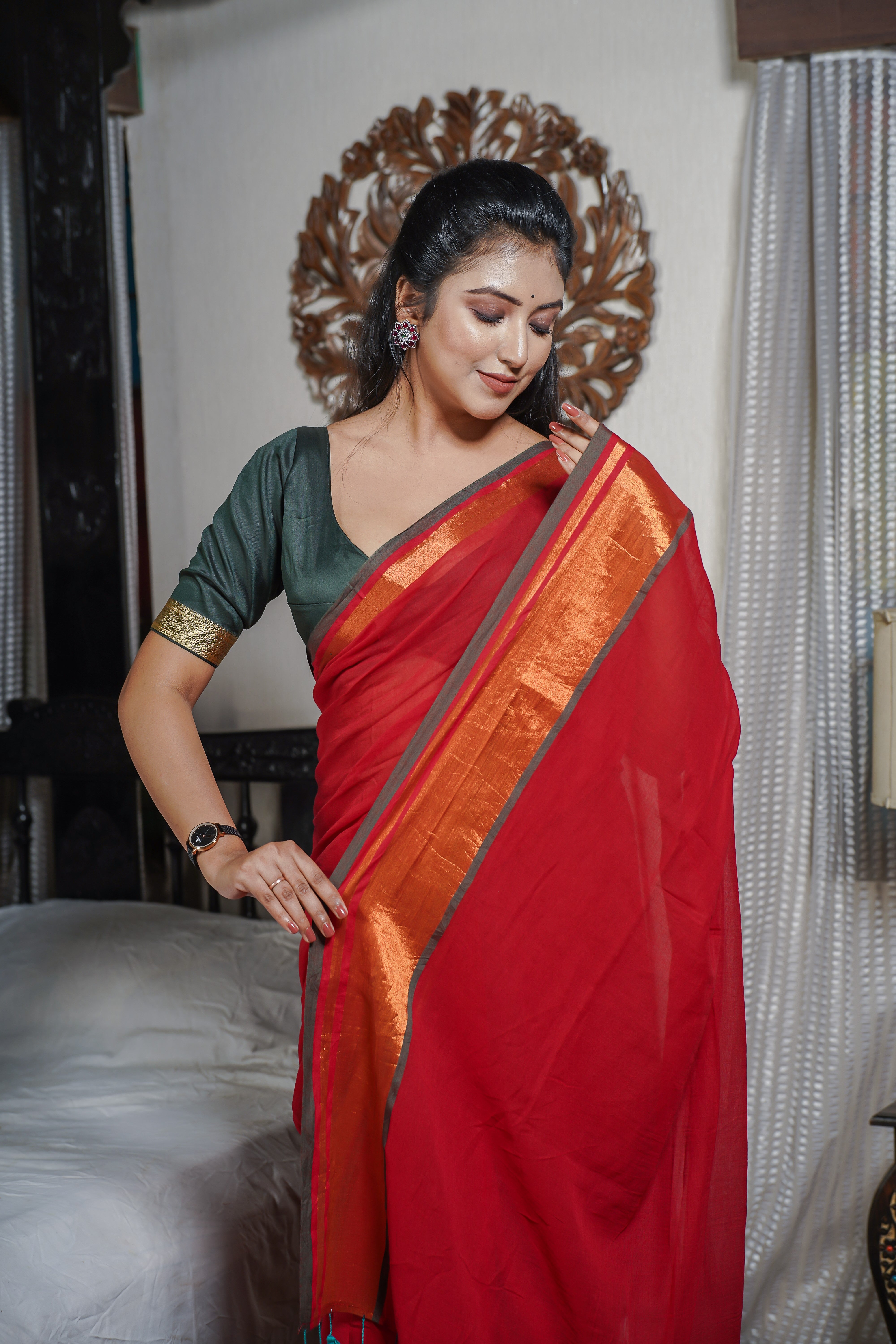 Red Mul Mul Cotton Saree With Golden Border