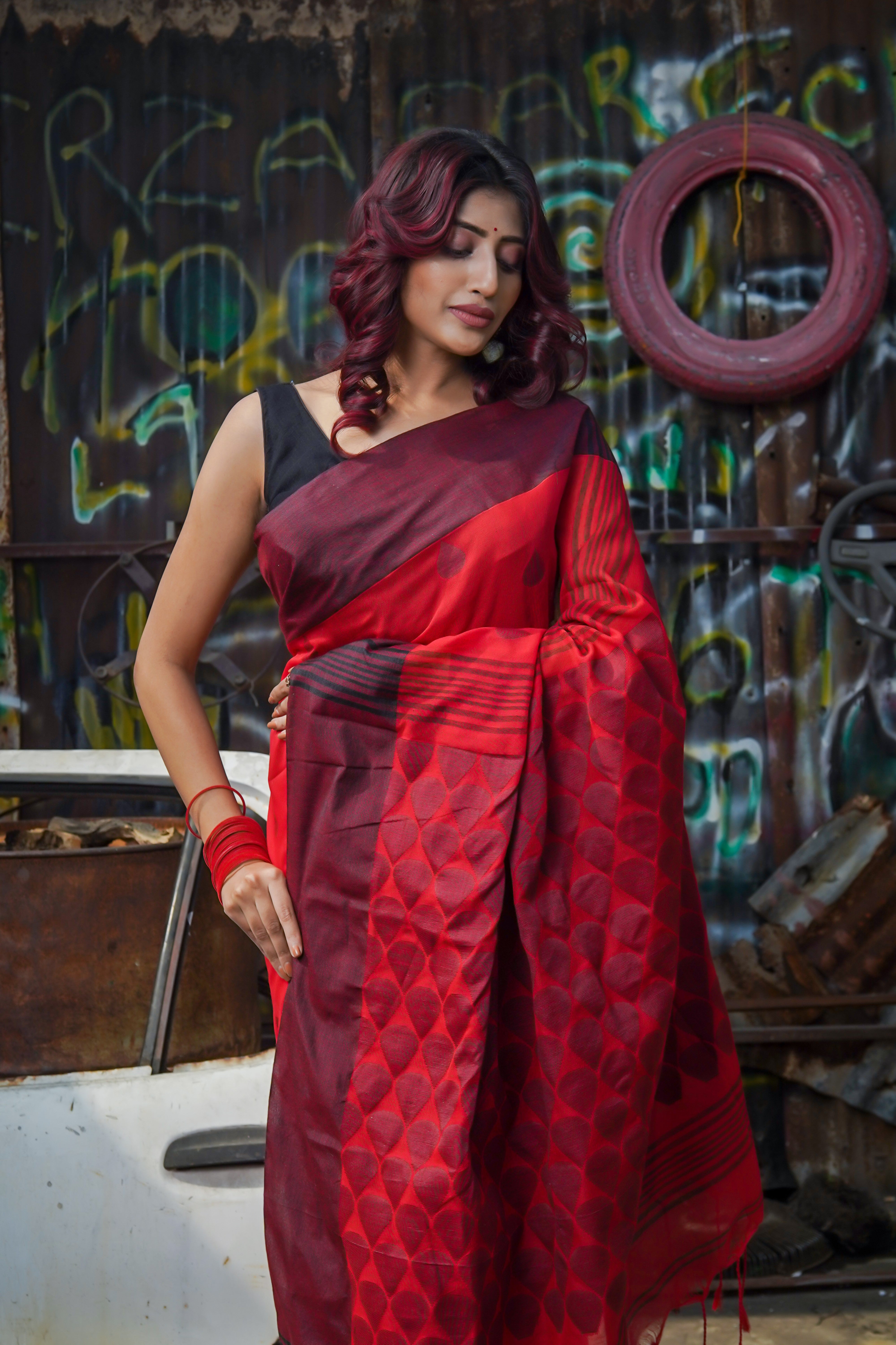 Red Pure Khadi Cotton Hand Woven Saree