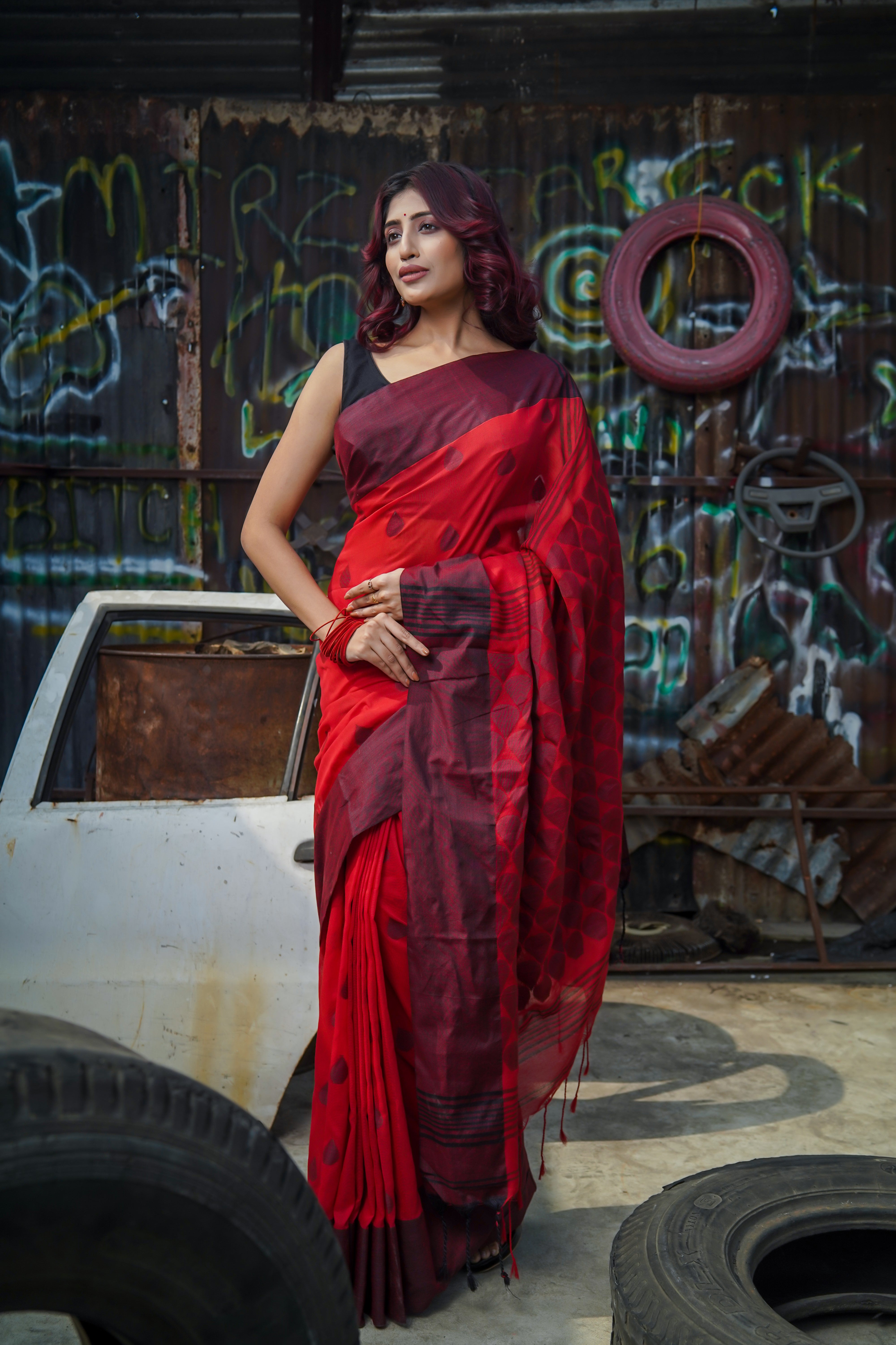 Red Pure Khadi Cotton Hand Woven Saree