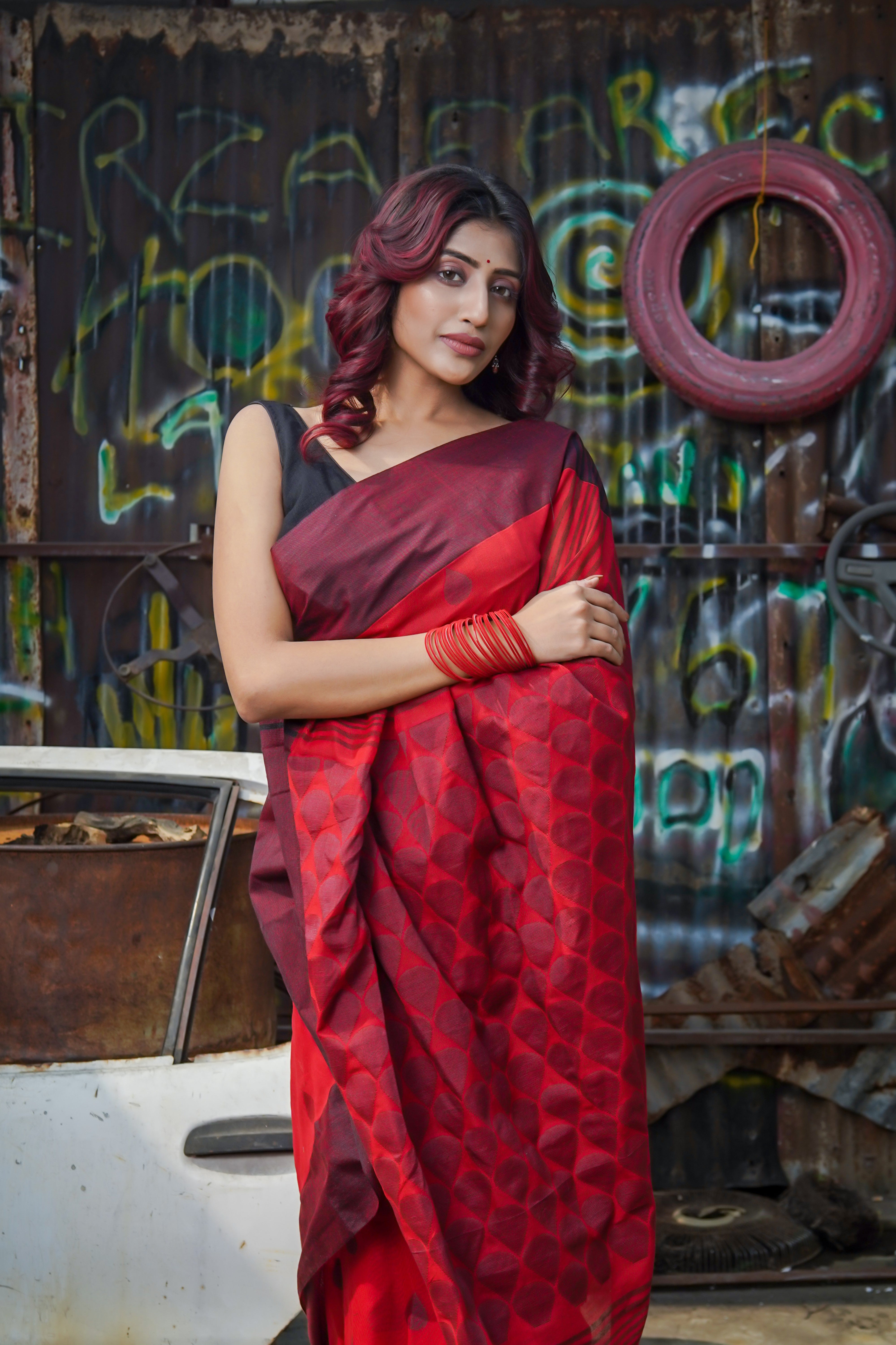 Red Pure Khadi Cotton Hand Woven Saree